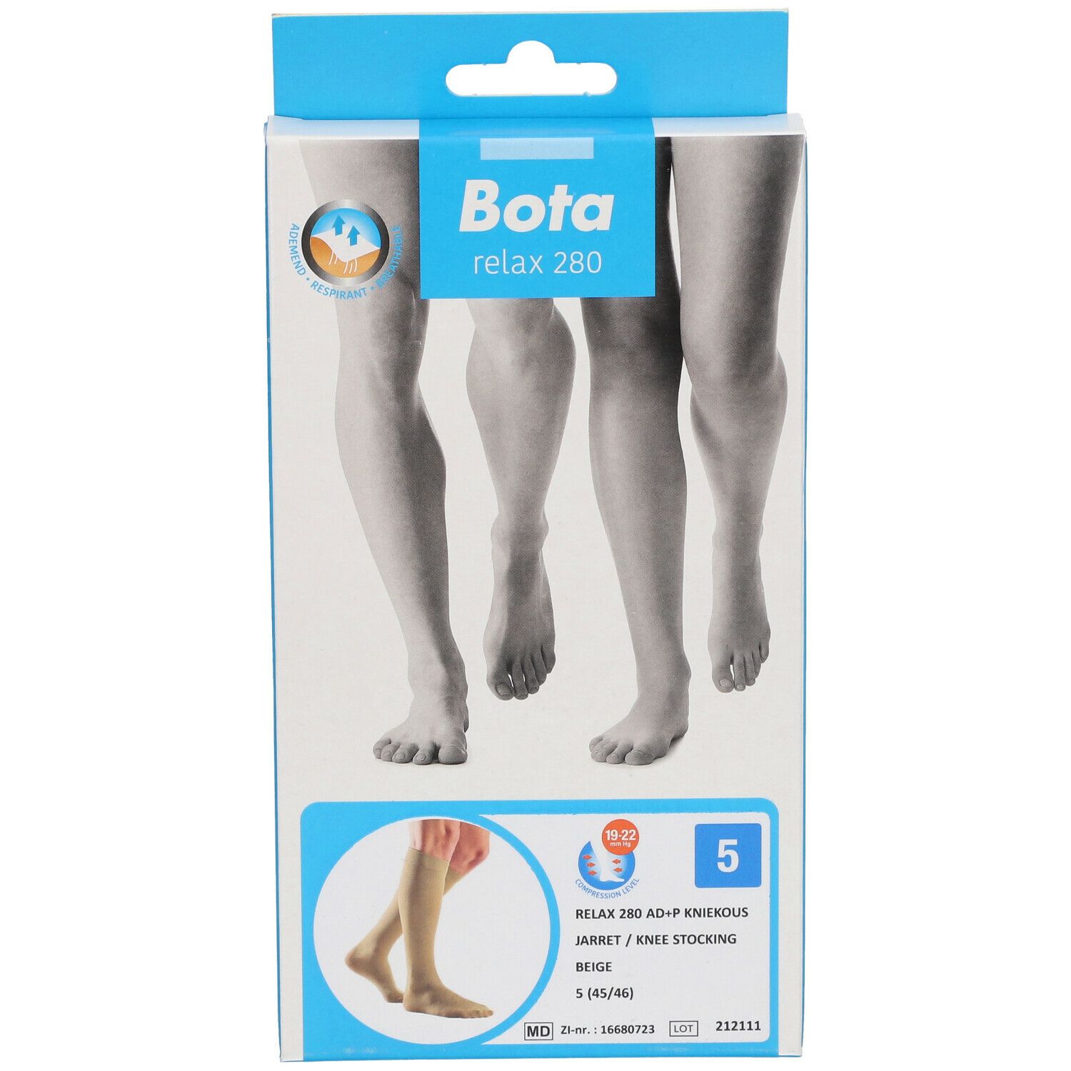 Vue de face de l'emballage Bota Relax 280. Bas genou, beige, taille S. Illustration de jambes.