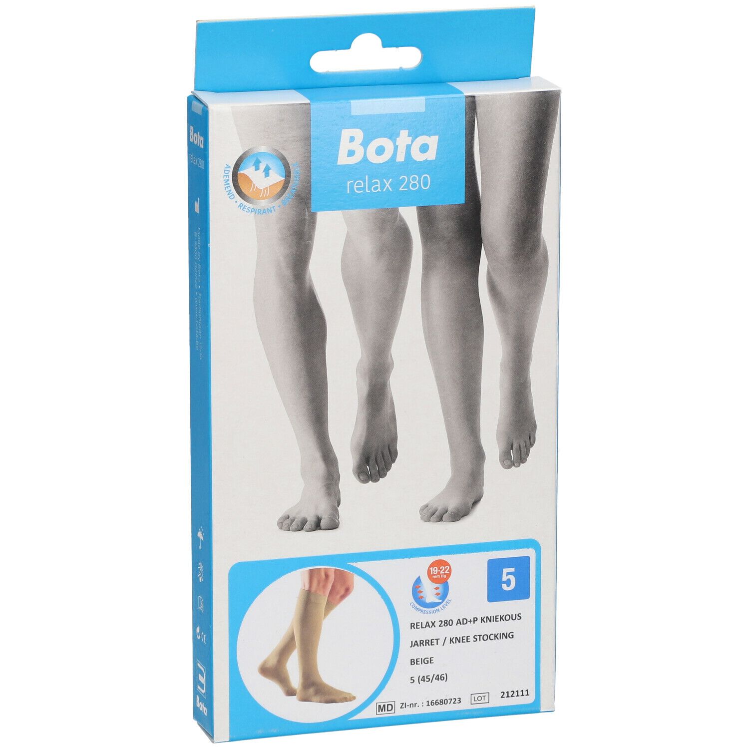 Vue de face de l'emballage Bota Relax 280. Bas genou, beige, taille S. Illustration de jambes.