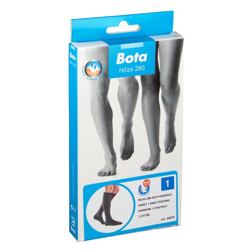 Emballage de bas de contention. Inscription : Bota relax 280. Illustration de jambes avec bas. Taille 1.