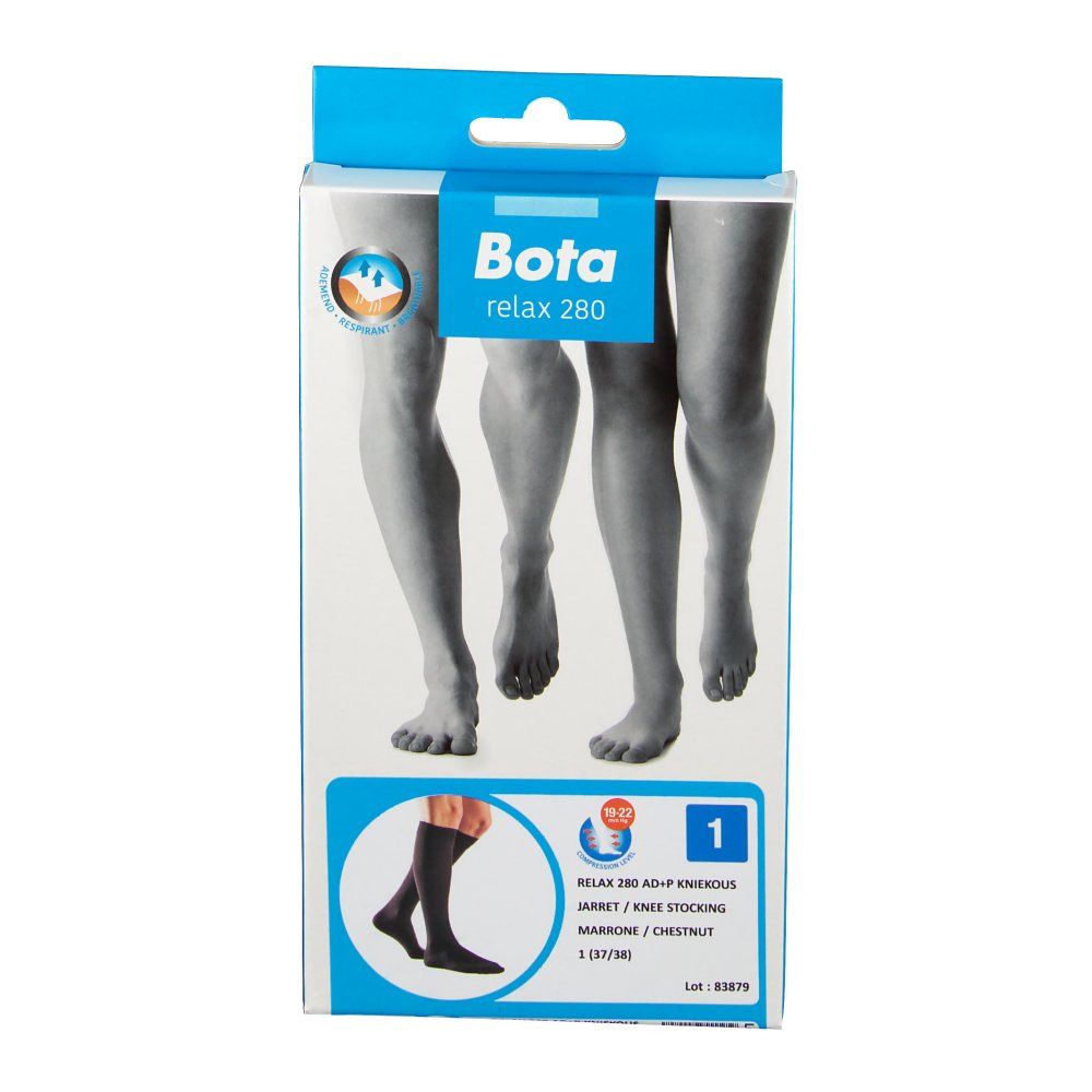 Emballage de bas de contention. Inscription : Bota relax 280. Illustration de jambes avec bas. Taille 1.