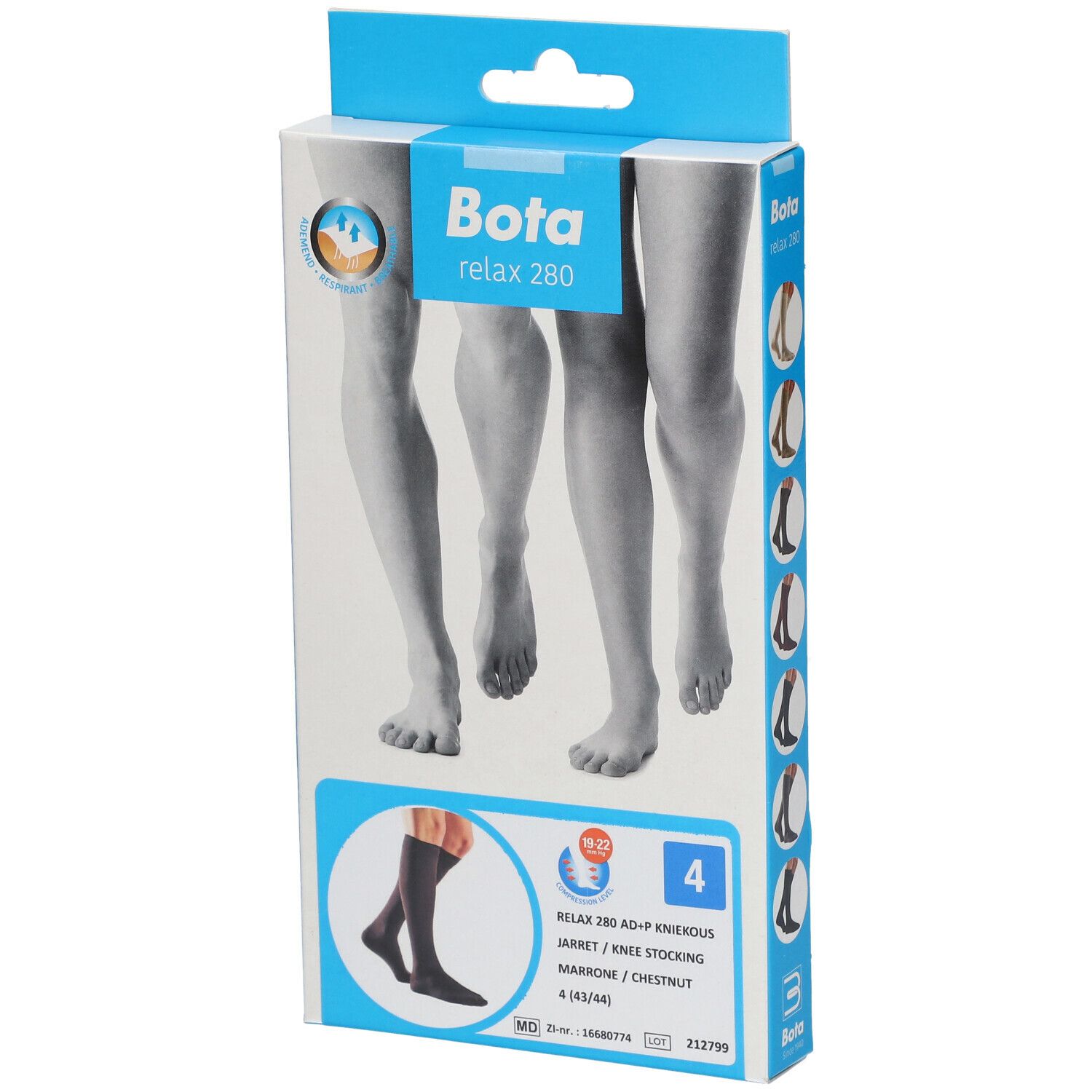 Boîte de bas genou Bota Relax 280. Image de jambes. Nom du produit et détails visibles sur l'emballage.