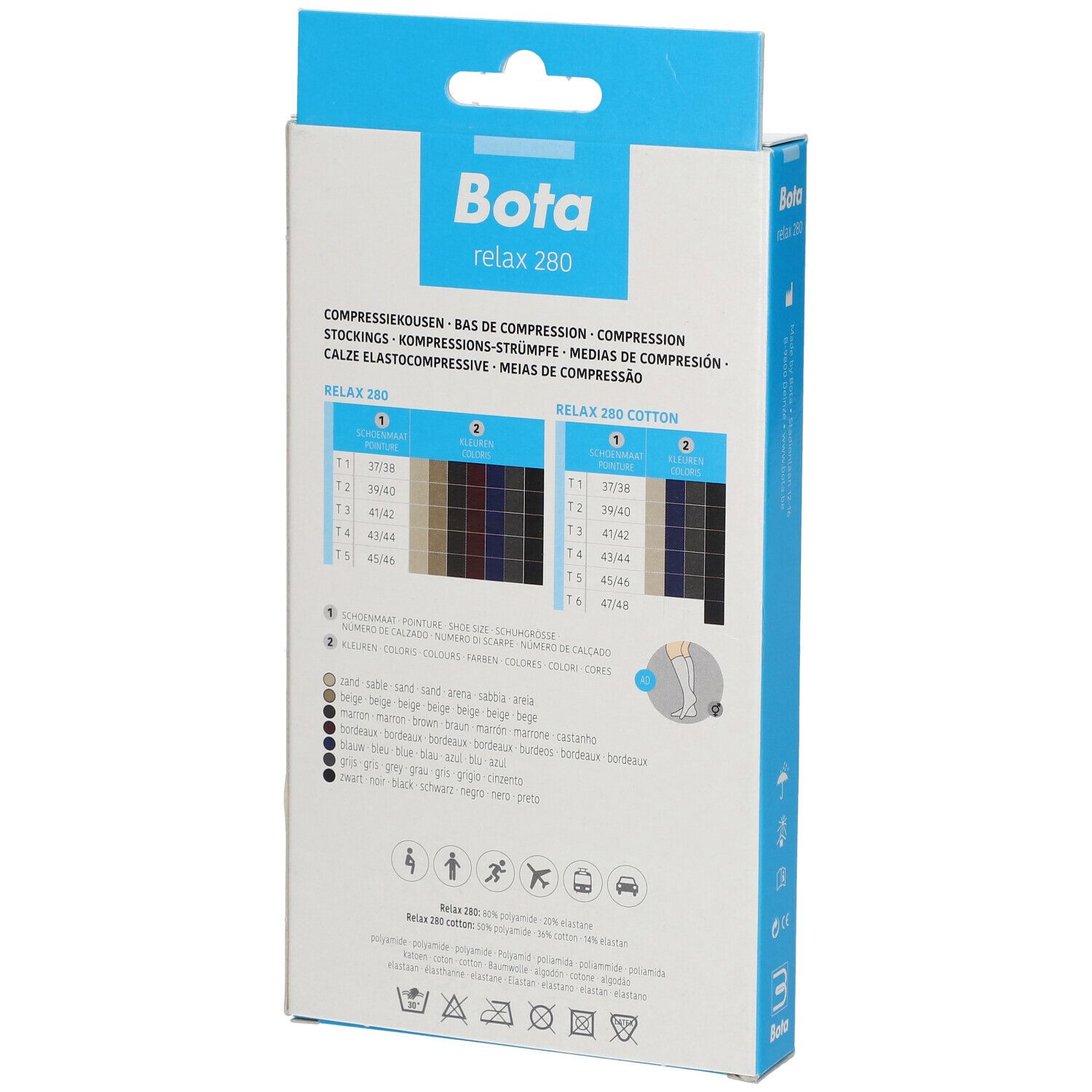 Dos de l'emballage Bota Relax 280. Informations produit, tableau des tailles et symboles de lavage. Plusieurs couleurs.