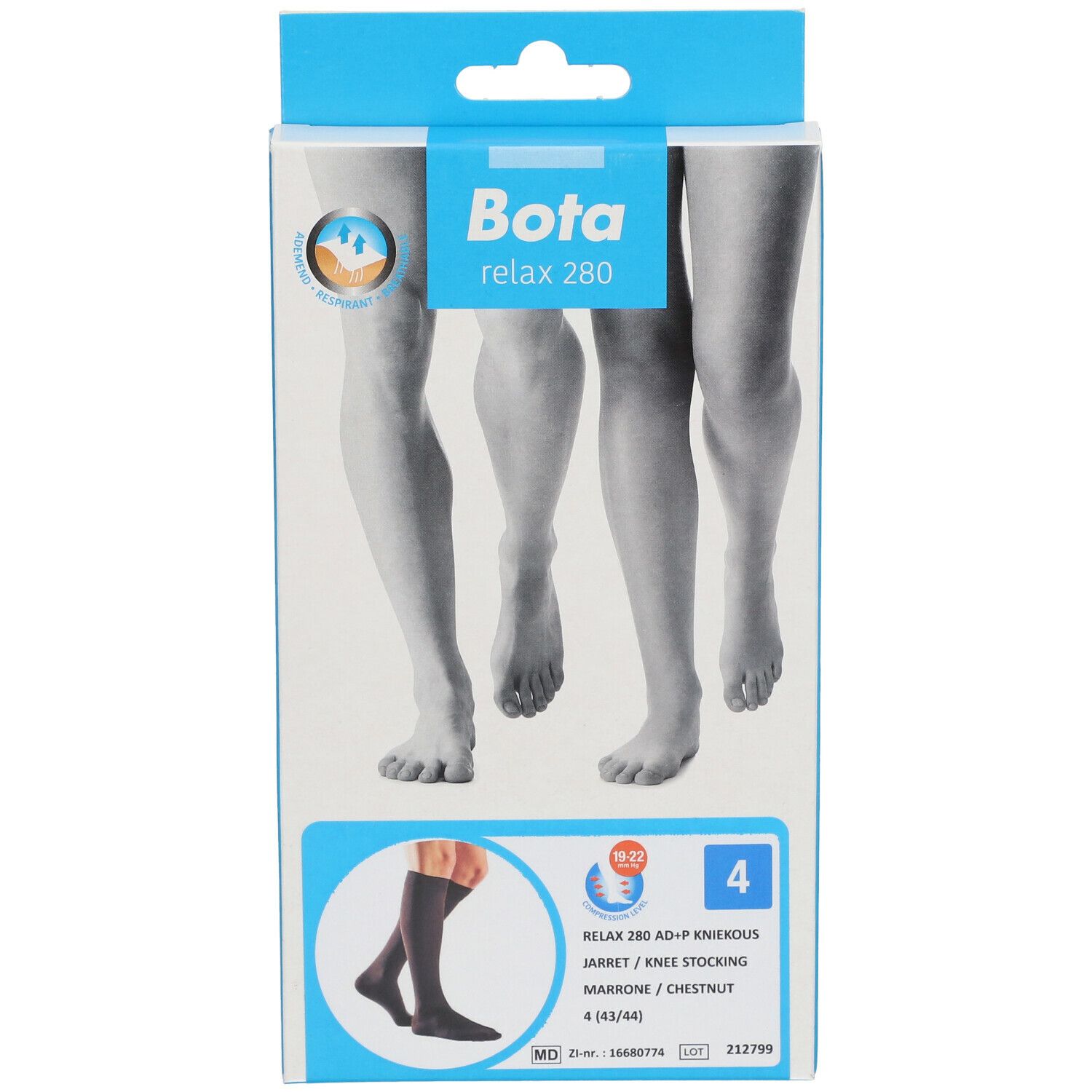 Boîte de bas genou Bota Relax 280. Image de jambes. Nom du produit et détails visibles sur l'emballage.
