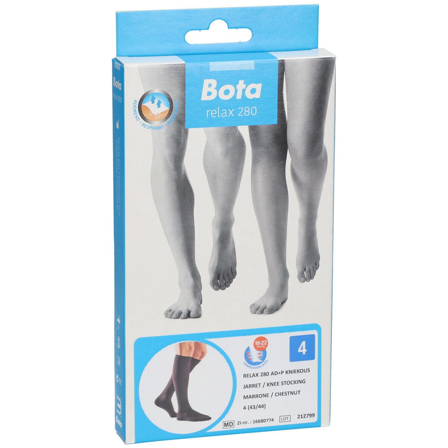 Boîte de bas genou Bota Relax 280. Image de jambes. Nom du produit et détails visibles sur l'emballage.