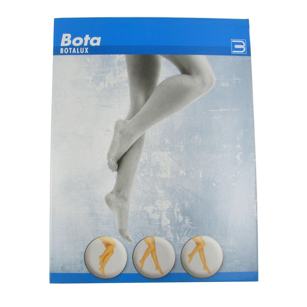 Emballage Bota Botalux. Illustration de jambes. Trois illustrations rondes de bas de différentes couleurs.