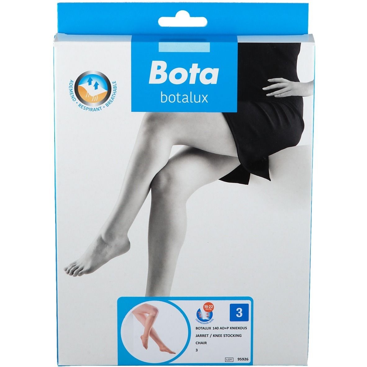 Bota Botalux 140 AD Chair. Boîte blanche et bleue. Modèle de jambe sur l'emballage. Nom du produit et taille.
