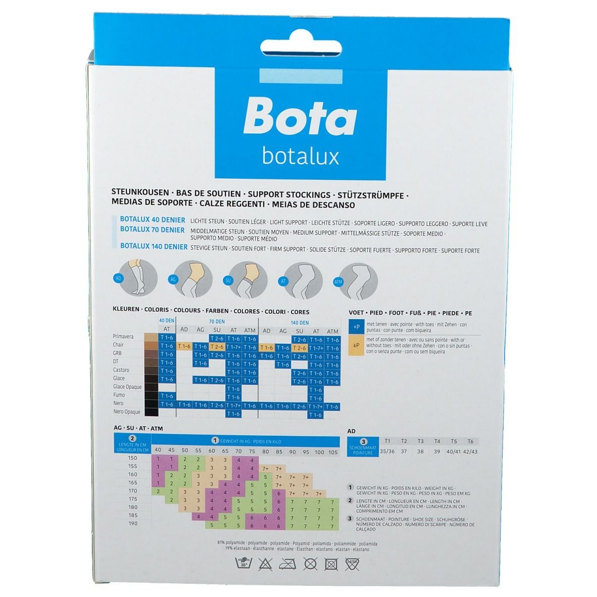Dos de la boîte Bota Botalux 140 AD Chair. Tableaux de tailles et informations produit en plusieurs langues.