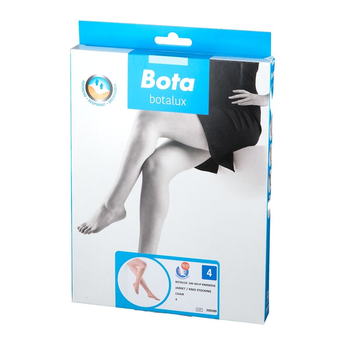 Face avant de l'emballage Bota Botalux 140 AD+ Stuhl N4. Jambe avec bas, taille 4. Logo et nom du produit.