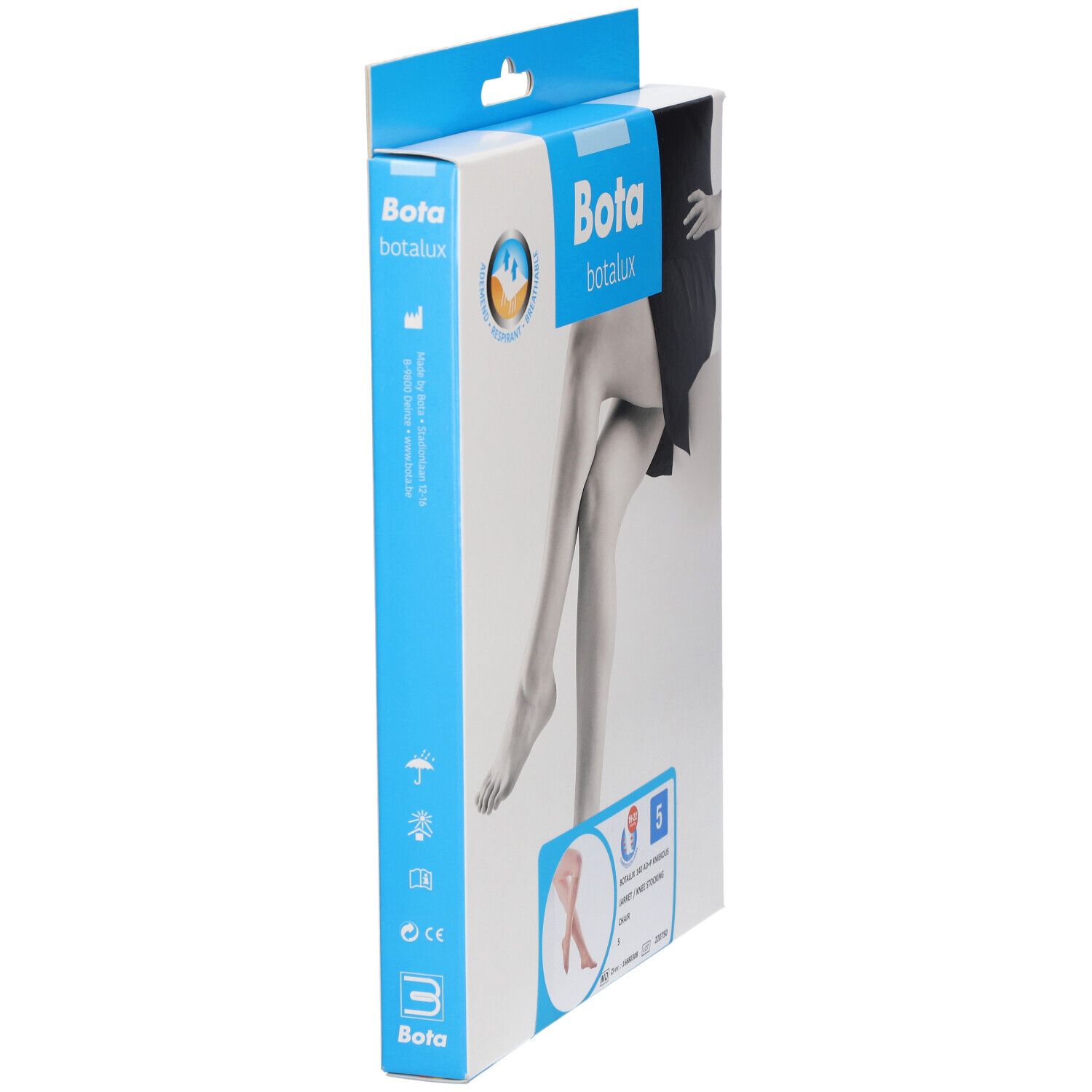 Seitenansicht der Verpackung mit Bota Botalux Kniestrümpfen. Blaue und weiße Farbgebung, Produktabbildung, Logo.
