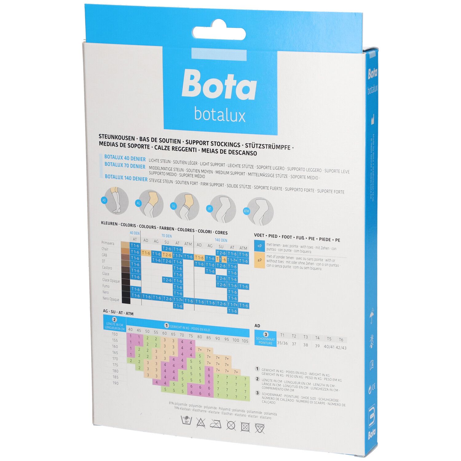 Rückseite der Verpackung mit Bota Botalux Kniestrümpfen. Größenangaben, Farbtabelle, Produktinformationen.