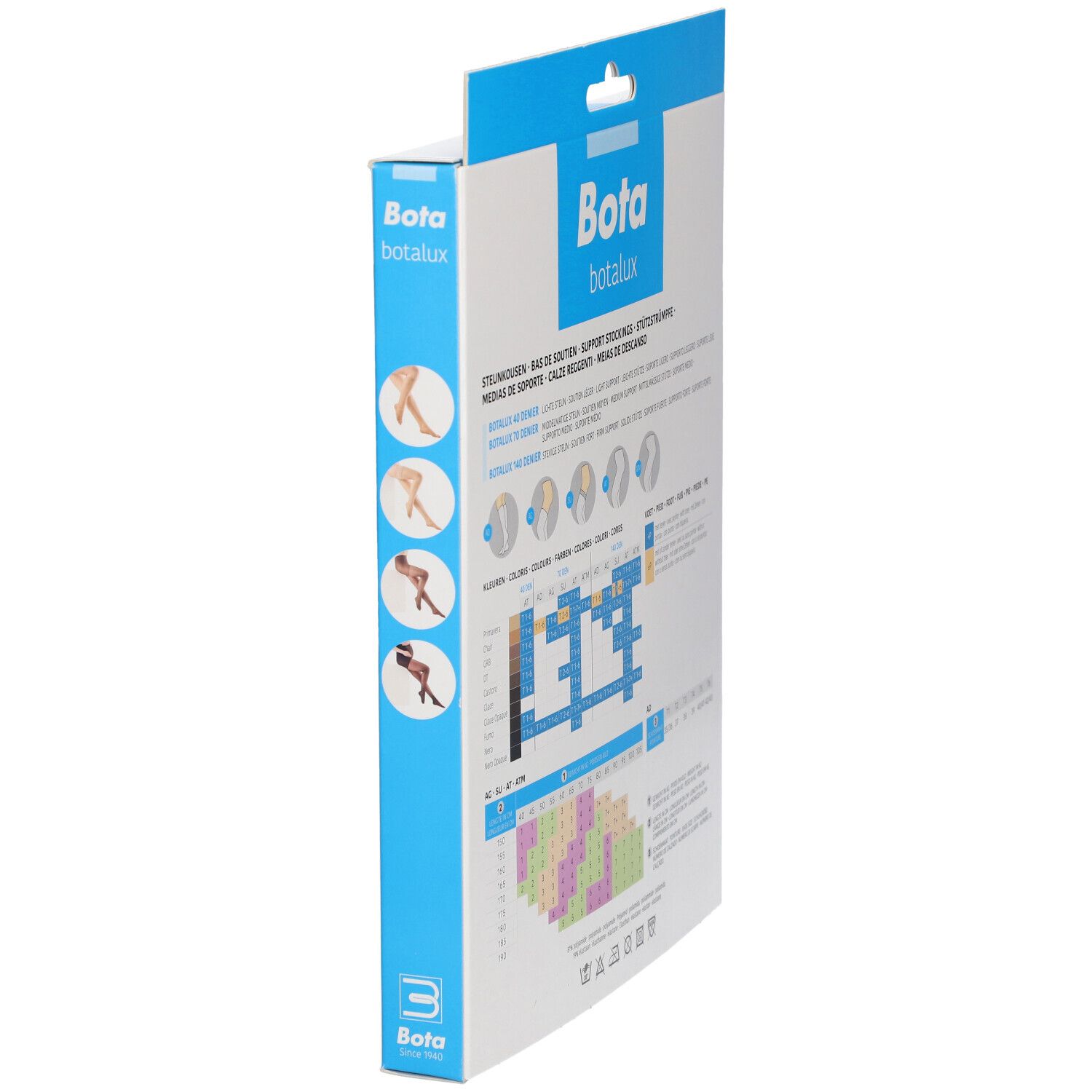 Seitenansicht der Verpackung mit Bota Botalux Kniestrümpfen. Produktabbildung, Größenangaben, Logo.