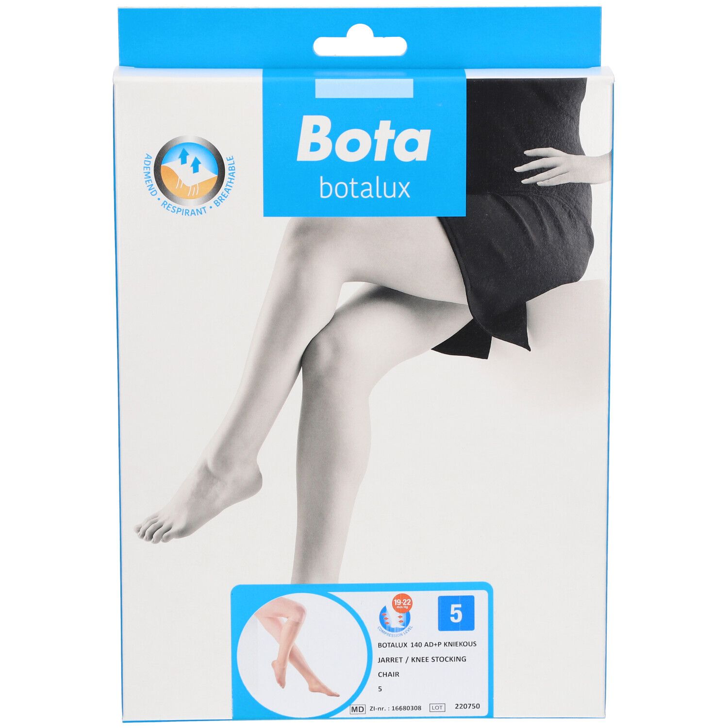 Verpackung mit Bota Botalux Kniestrümpfen. Aufdrucke: Marke, Produktabbildung, Größenangaben, Zertifizierungen.