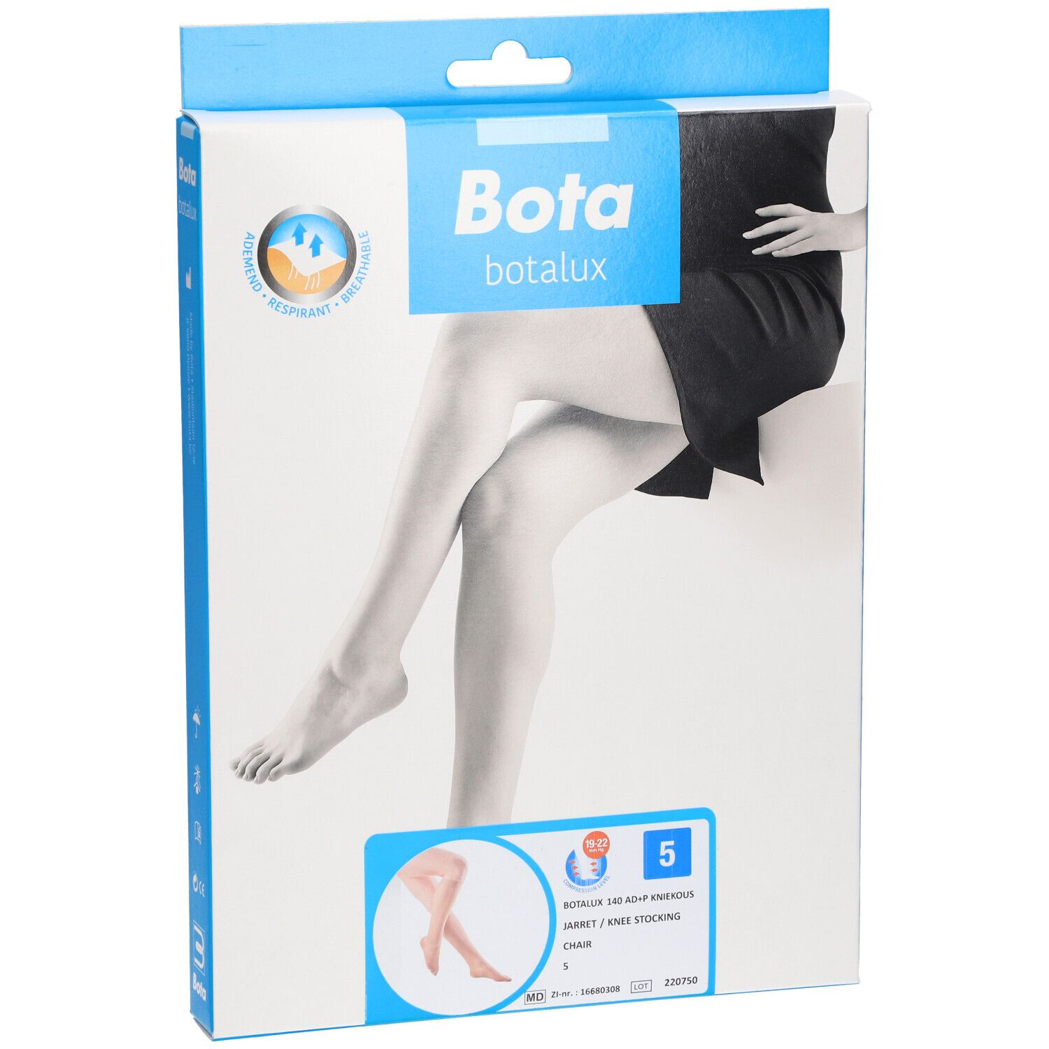 Verpackung mit Bota Botalux Kniestrümpfen. Aufdrucke: Marke, Produktabbildung, Größenangaben, Zertifizierungen.