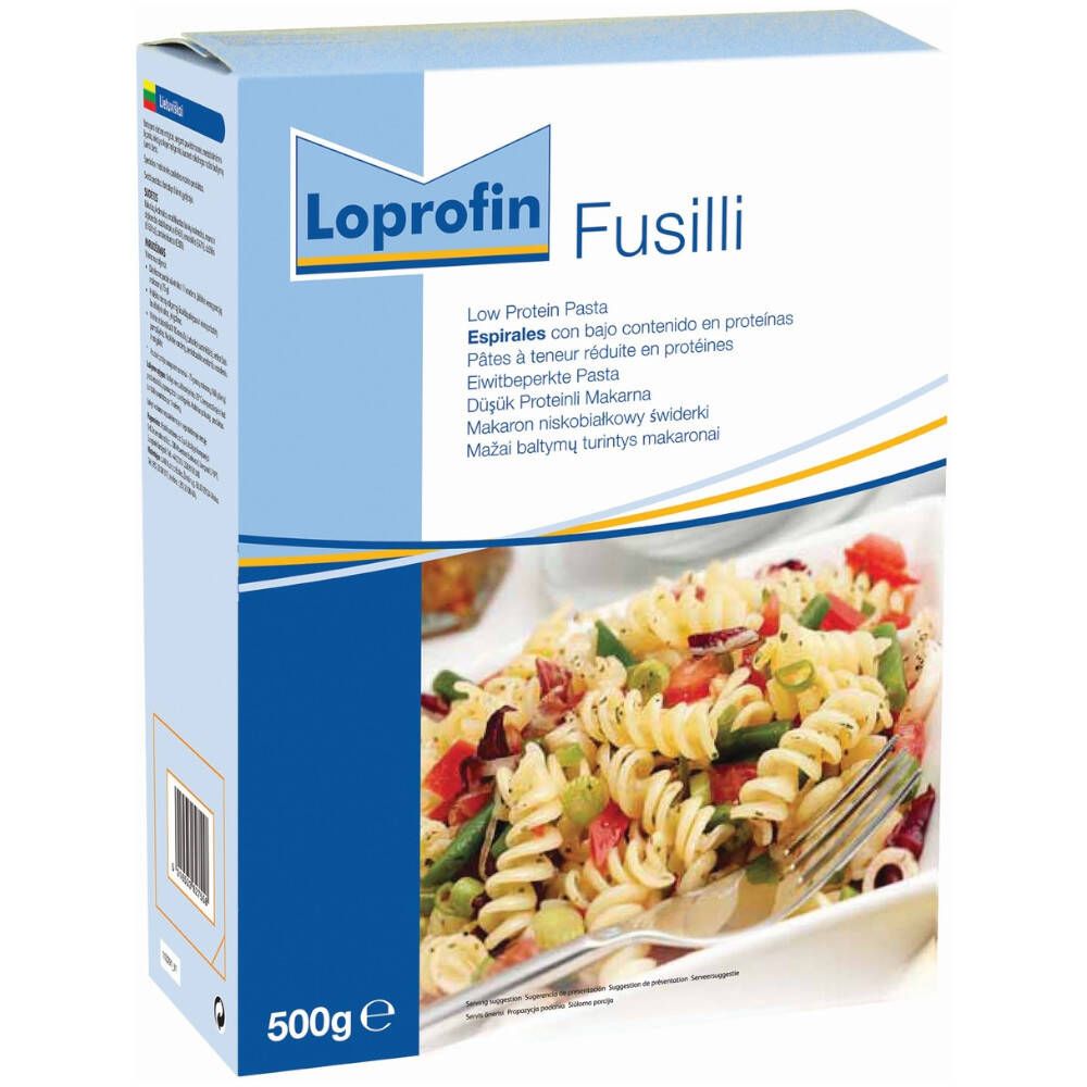 Karton Loprofin Fusilli. Aufdruck: Low Protein Pasta, 500g. Abbildung von Nudeln mit Gemüse.