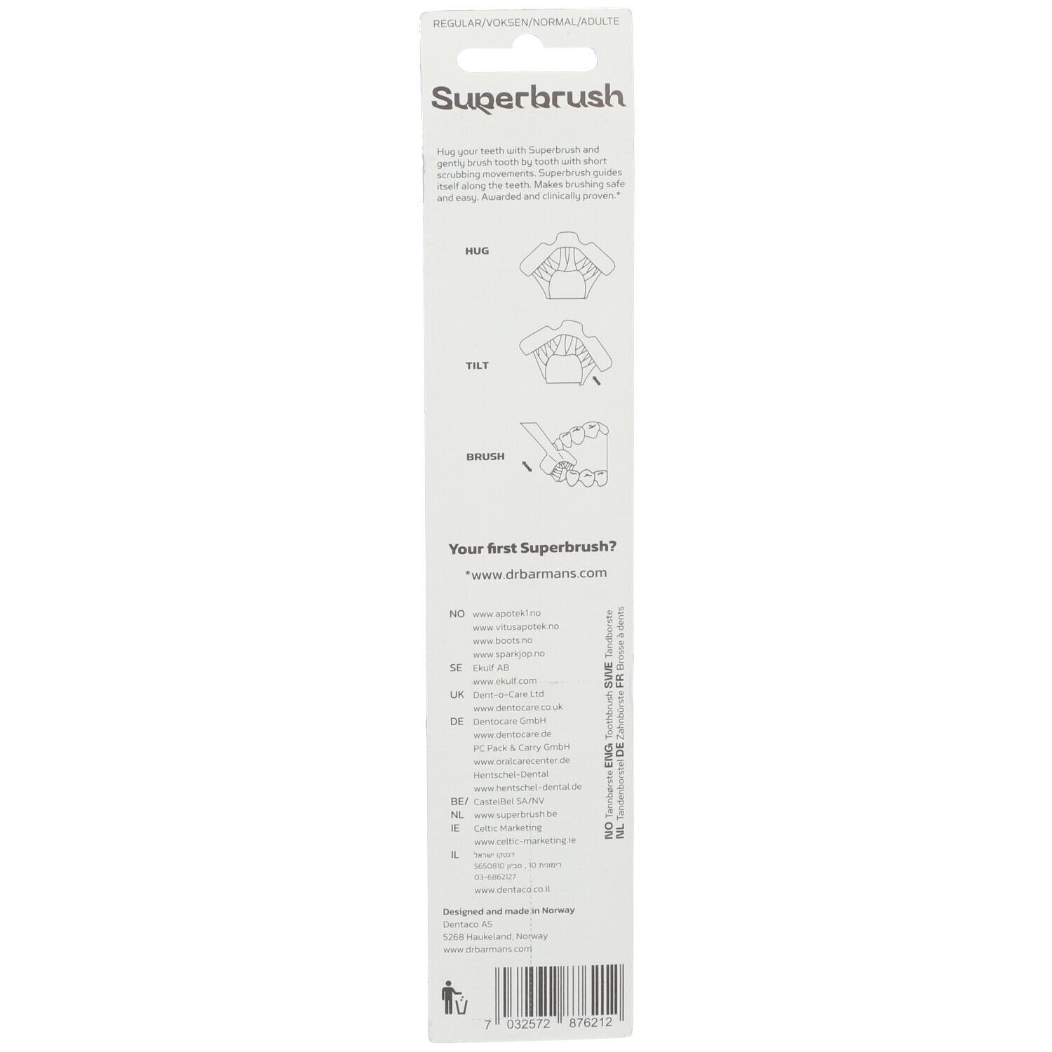 Rückseite der Zahnbürstenverpackung. Text: Superbrush, Illustrationen zur Anwendung, Kontaktinformationen.