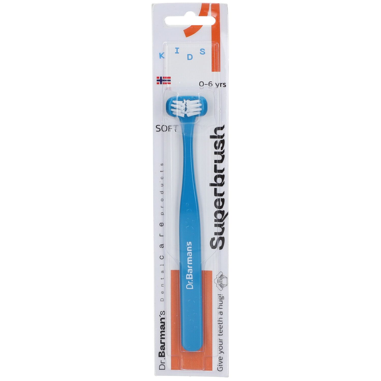 Blaue Kinderzahnbürste mit dreifachem Bürstenkopf. Verpackung mit Produktnamen und Altersangabe 0-6 Jahre.