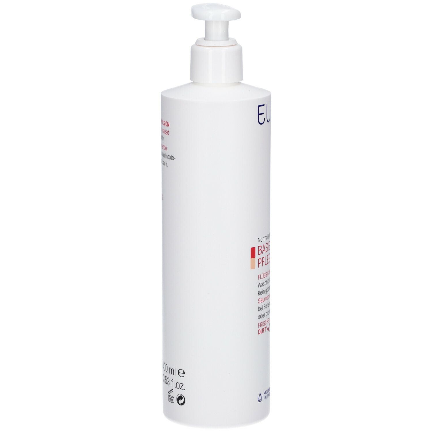 Witte fles met pomp. Opschrift: EUBOS. Tekst en logo's. Medische huidverzorging. Fles van opzij.