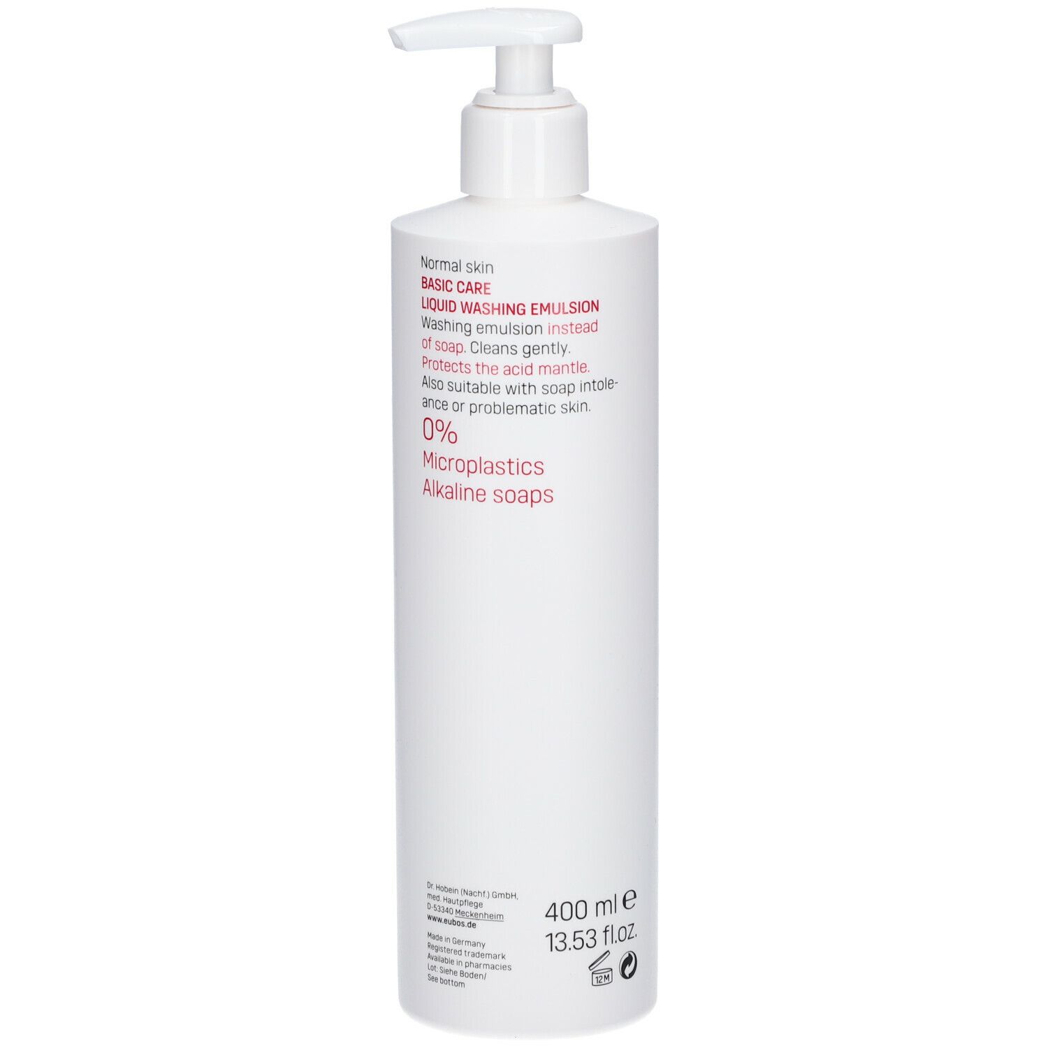 Witte fles met pomp. Opschrift: EUBOS, 400 ml. Tekst in rood. 0% microplastics. Alkalische zepen.