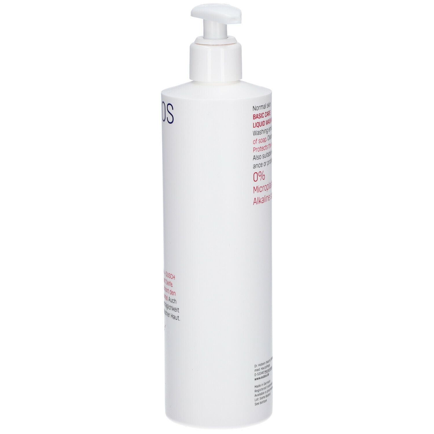 Witte fles met pomp. Opschrift: EUBOS. Tekst en logo's. Medische huidverzorging. Fles van opzij.