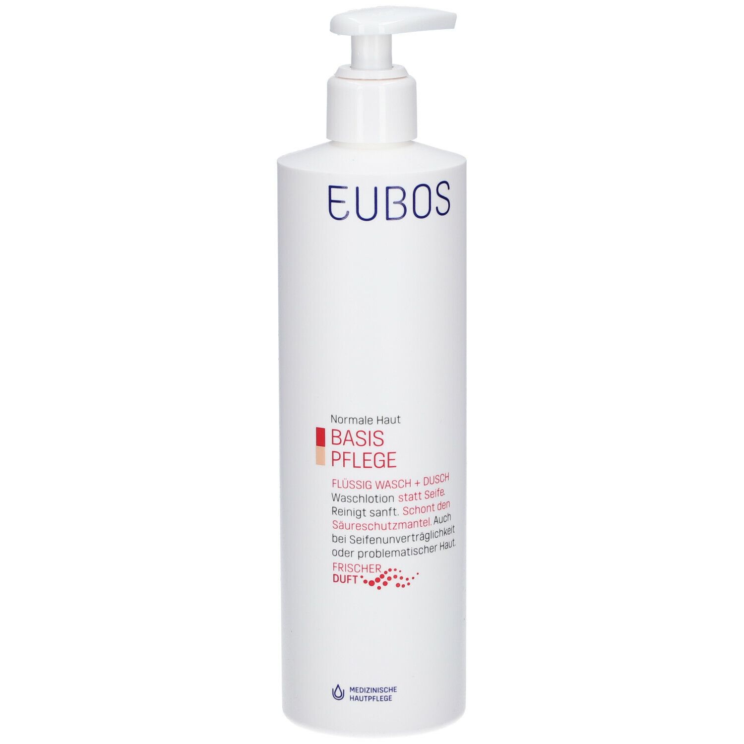 Witte fles met pomp. Opschrift: EUBOS, BASISVERZORGING. Tekst in rood. Medische huidverzorging.