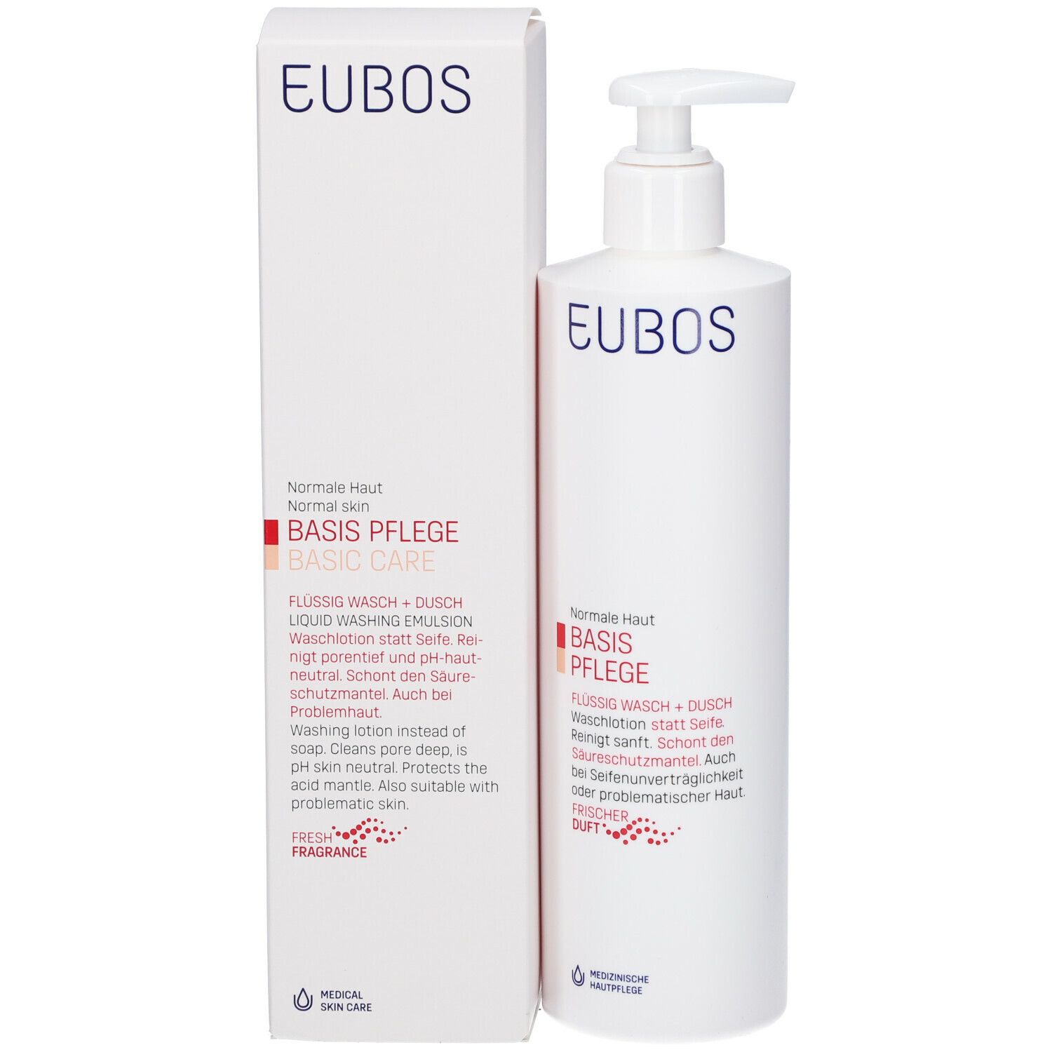 Witte fles met pomp en doos. Opschrift: EUBOS, BASISVERZORGING. Tekst in rood. Medische huidverzorging.