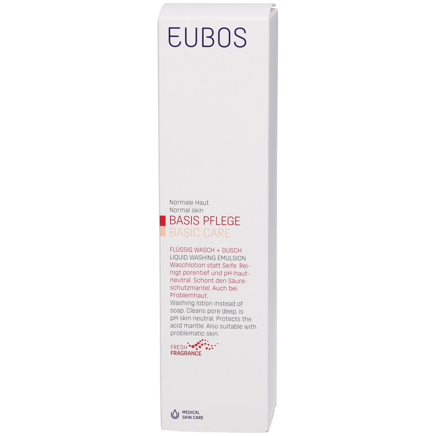 Doos met opschrift: EUBOS, BASISVERZORGING. Tekst in rood. Medische huidverzorging. Fles ernaast.