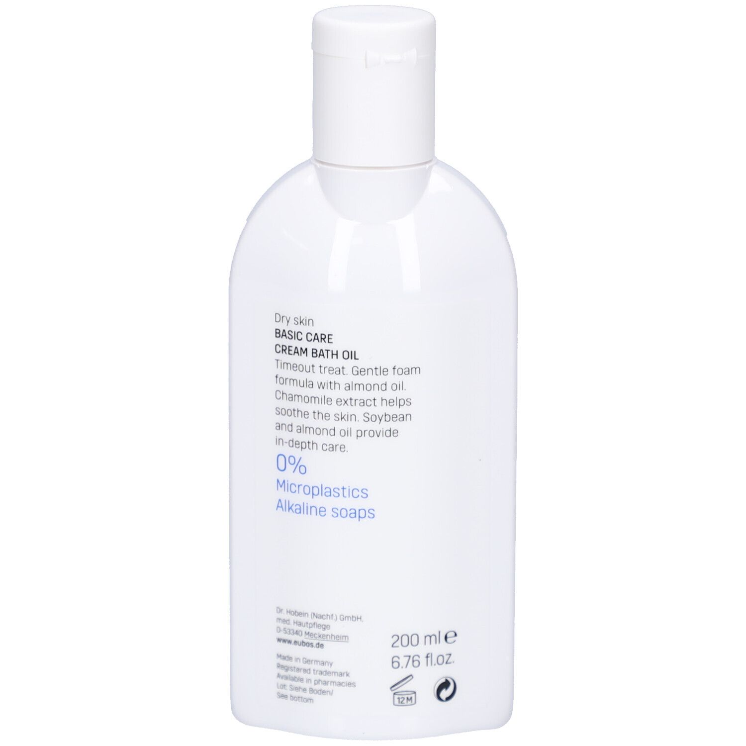 Weiße Flasche mit blauem Etikett. Aufschrift: EUBOS, Basis Pflege. 200 ml. Medizinische Hautpflege.