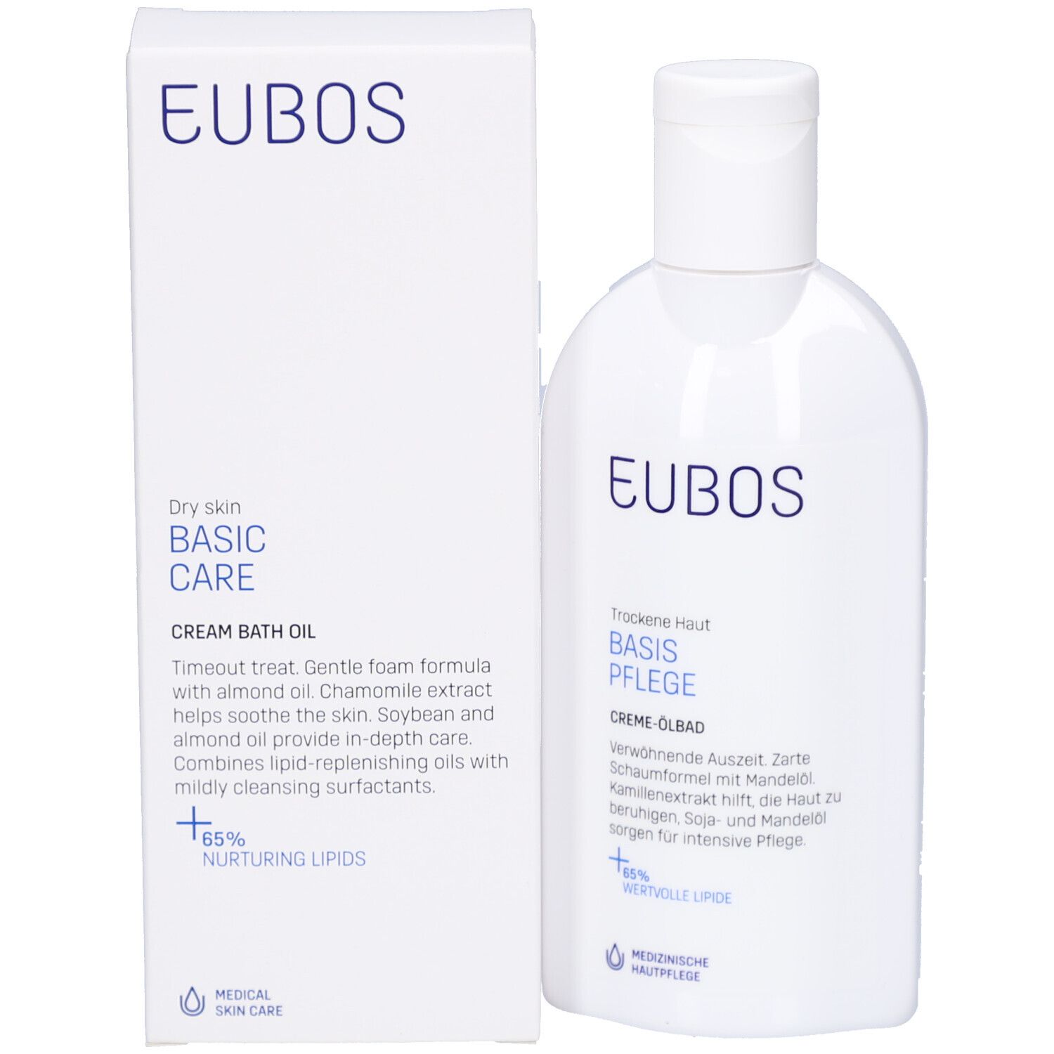 Weiße Flasche mit blauem Etikett. Aufschrift: EUBOS, Creme-Ölbad, Basis Pflege. 200 ml. Ohne Mikroplastik.