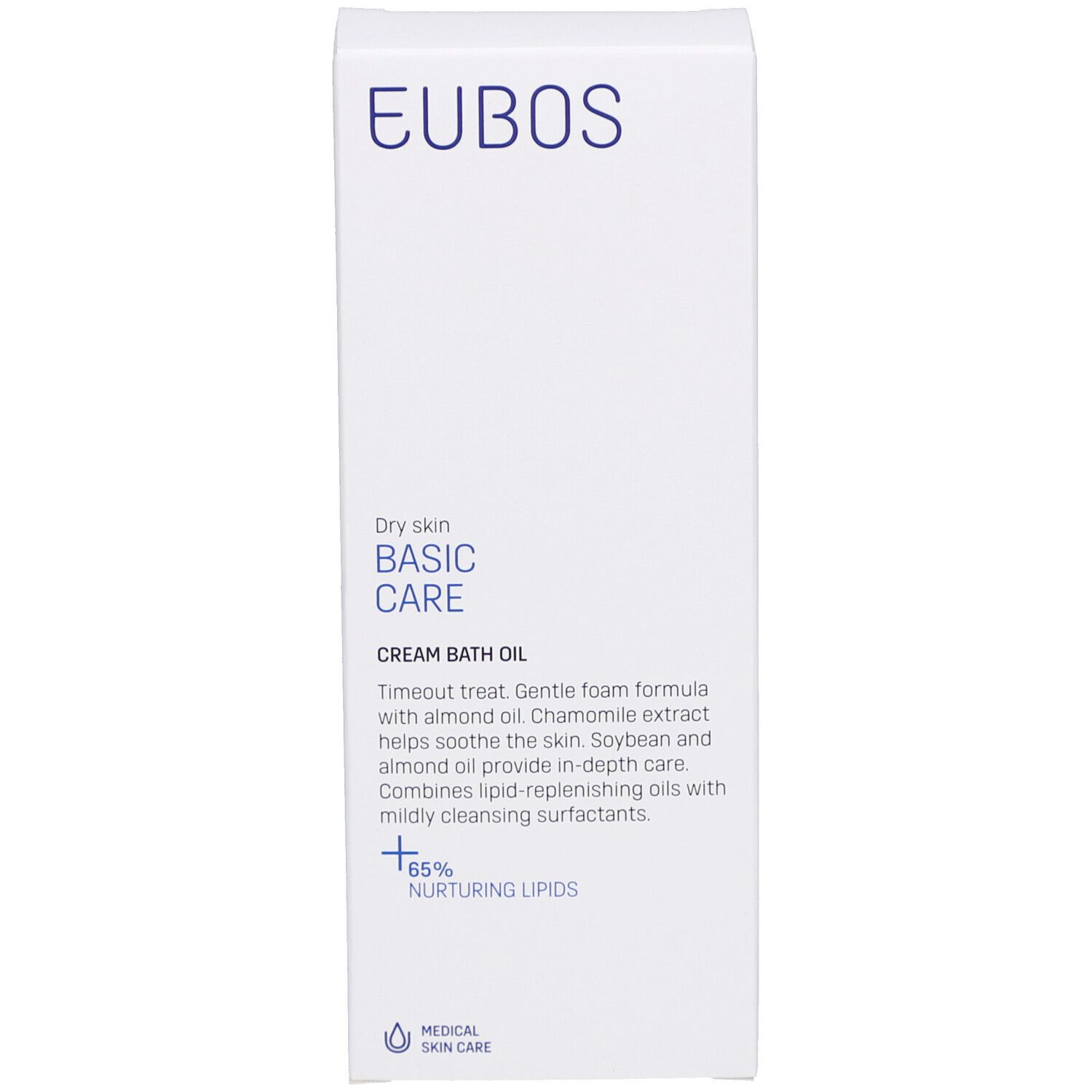Weiße Flasche mit blauem Etikett. Aufschrift: EUBOS, Basis Pflege. Medizinische Hautpflege.