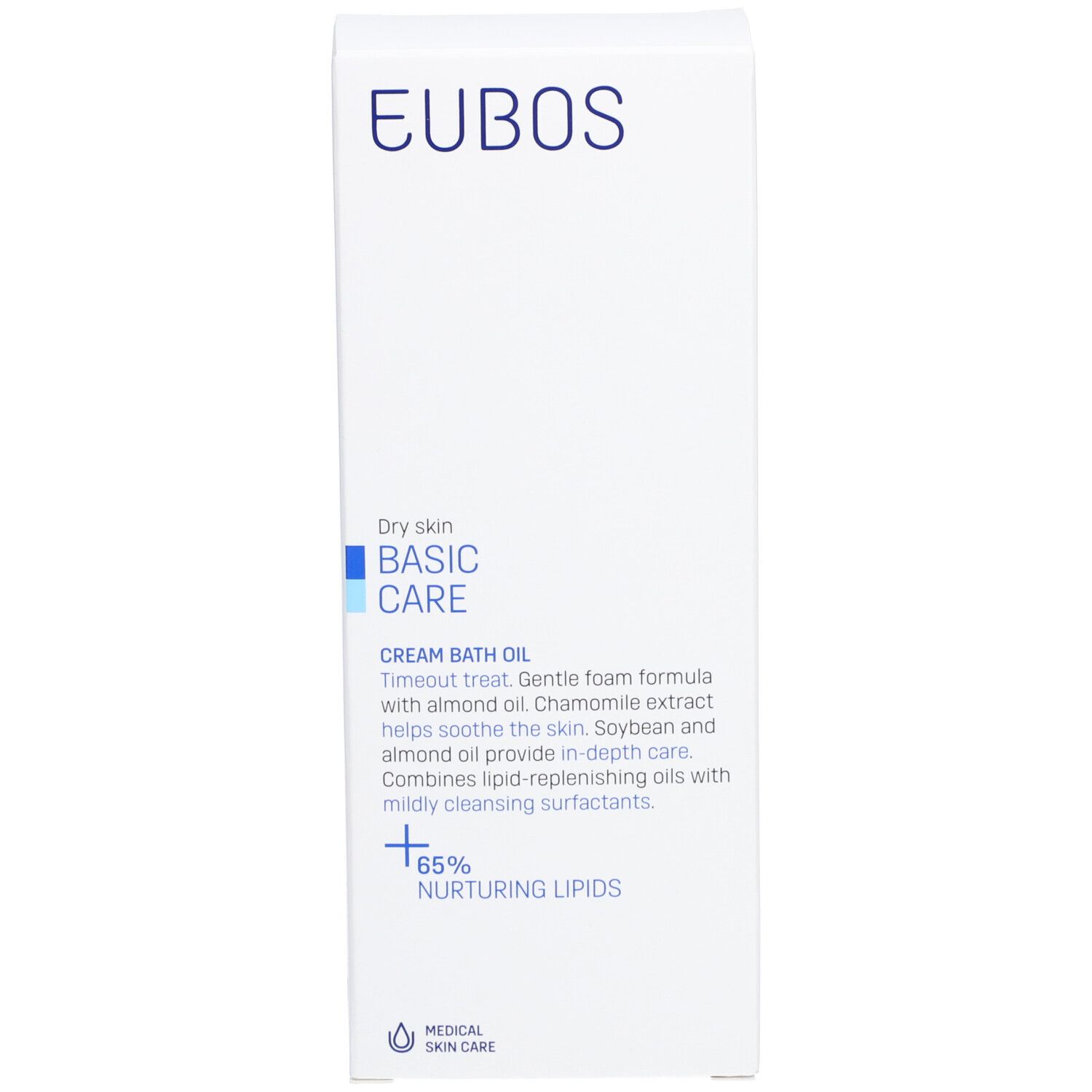Produktverpackung. Aufschrift: EUBOS, Basis Pflege, Creme-Ölbad. Medizinische Hautpflege.