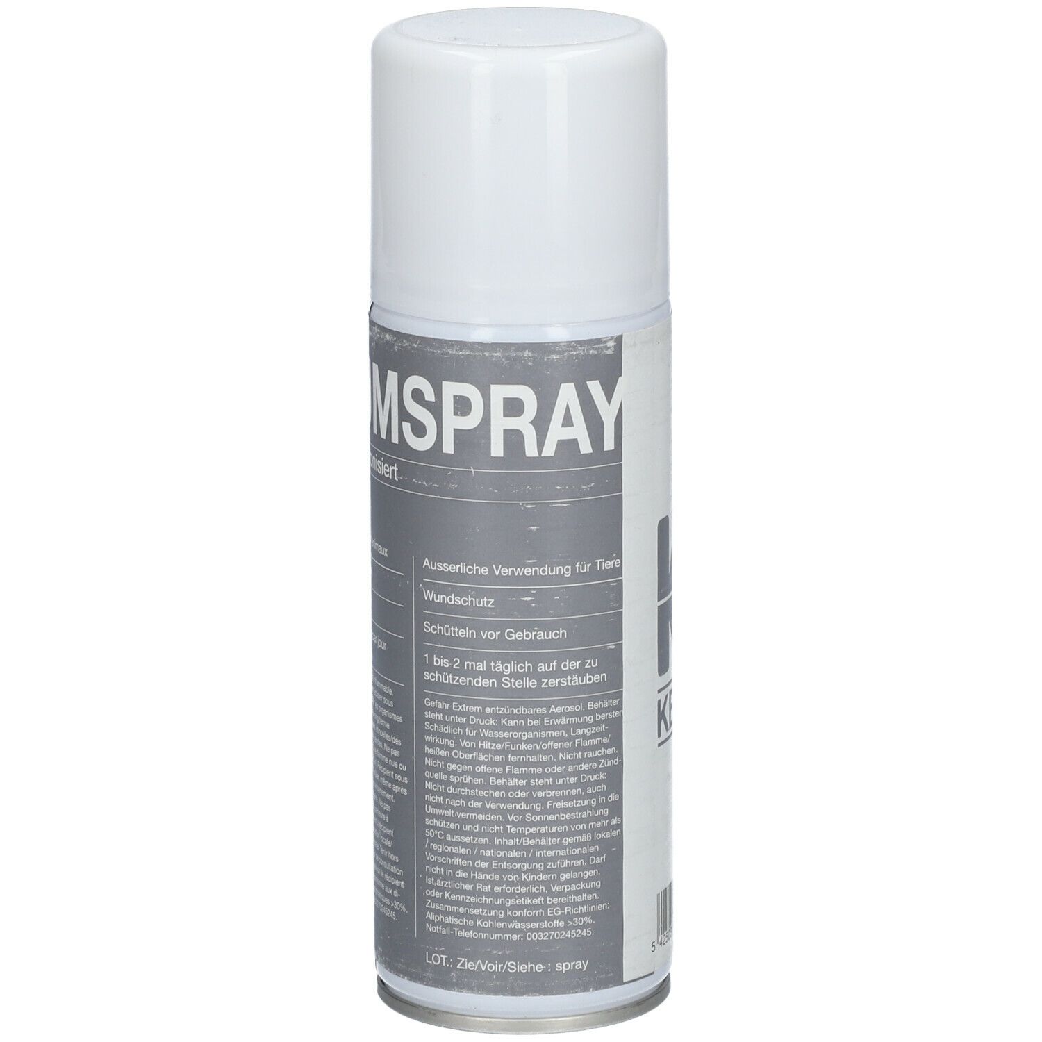 Spray blanc avec texte gris. Texte: Aluminiumspray. Pour animaux. Logo KELA.