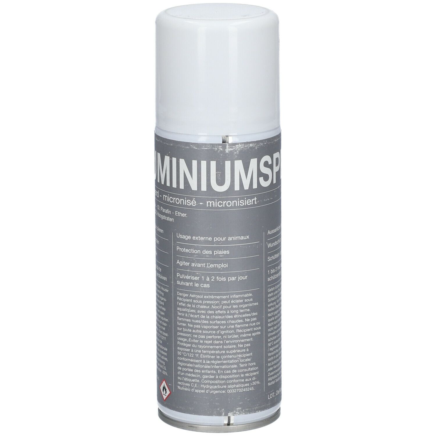Spray blanc avec texte gris. Texte: Aluminiumspray. Pour animaux. Logo KELA.