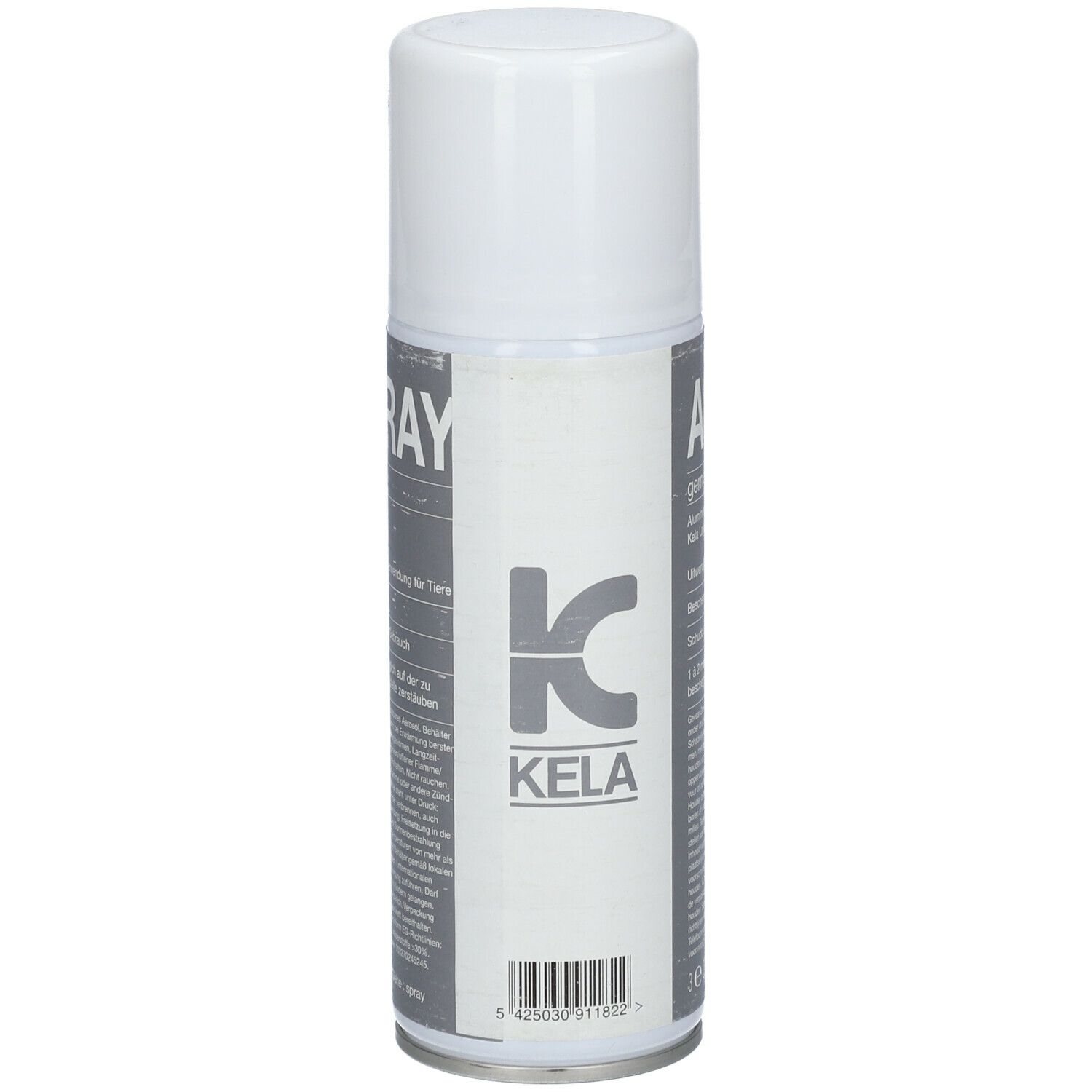 Spray blanc avec texte gris. Logo KELA. Nom du produit illisible.