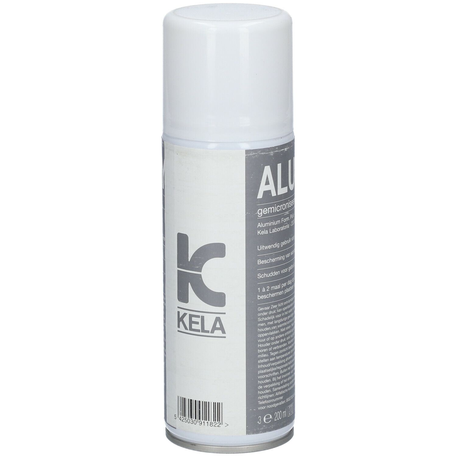 Spray blanc avec texte gris. Texte: Aluminium. Logo KELA. Volume: 200ml.