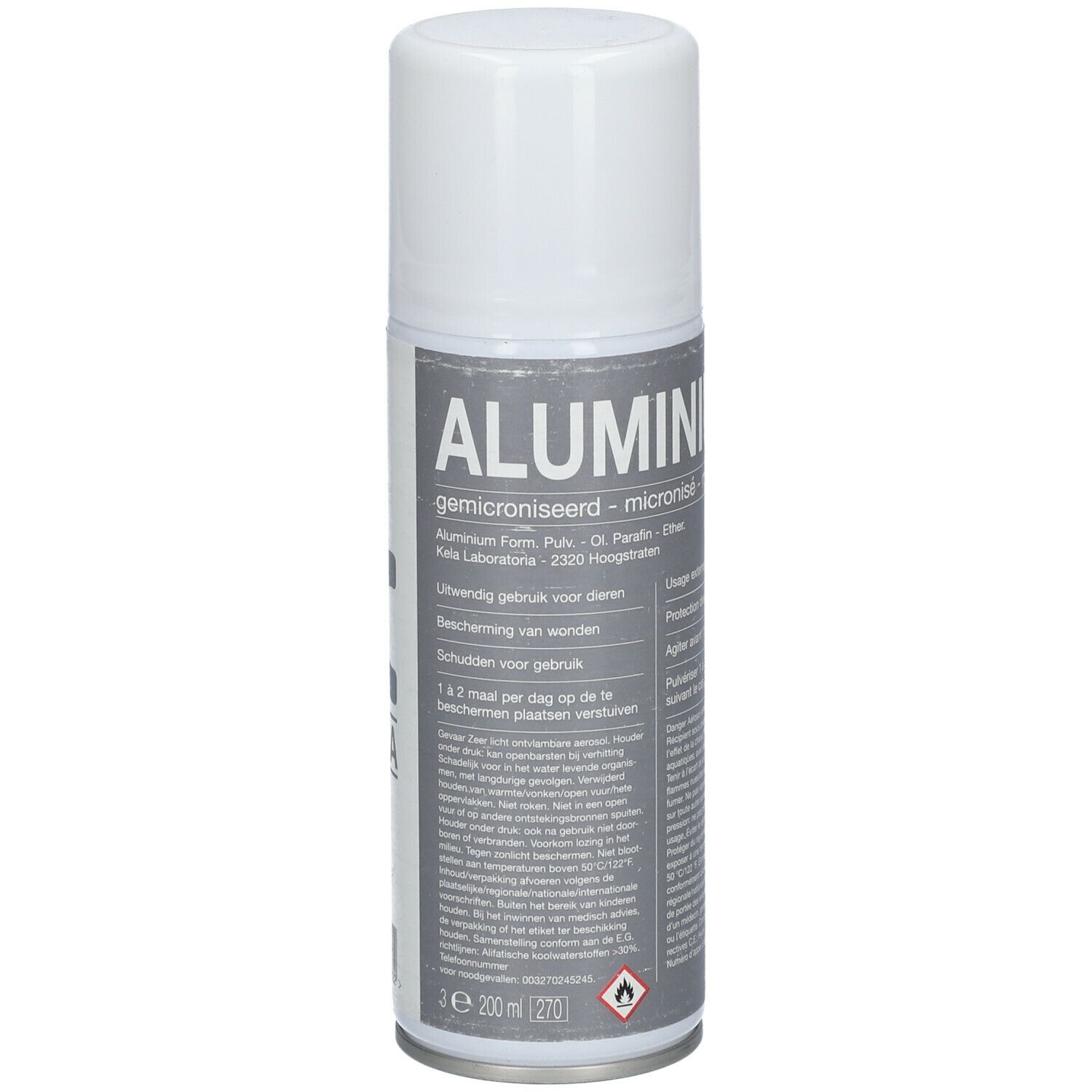 Spray blanc avec texte gris. Texte: Aluminium. Logo KELA. Volume: 200ml.