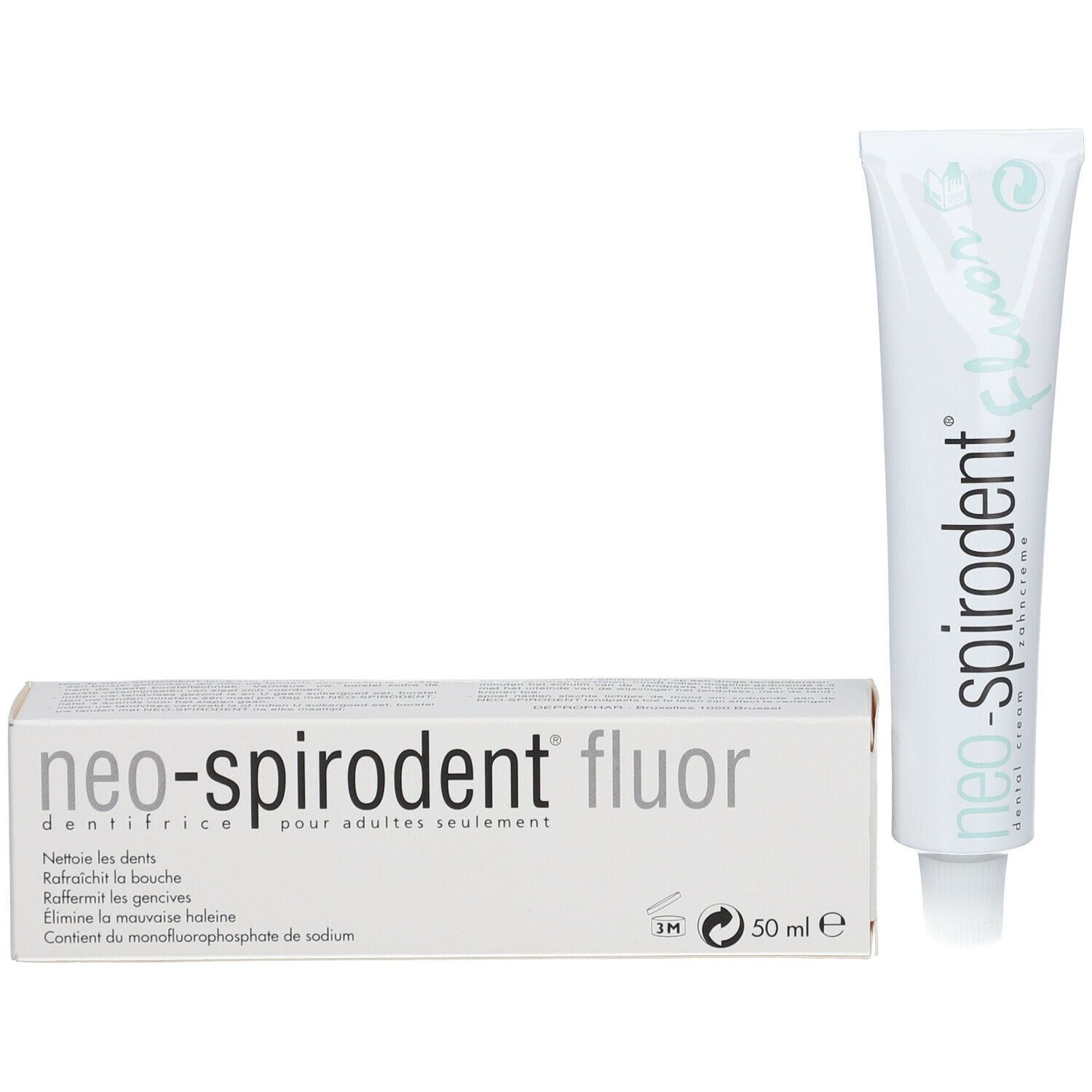 Tube de dentifrice et boîte. La boîte indique "neo-spirodent fluor" et "dentifrice pour adultes seulement".