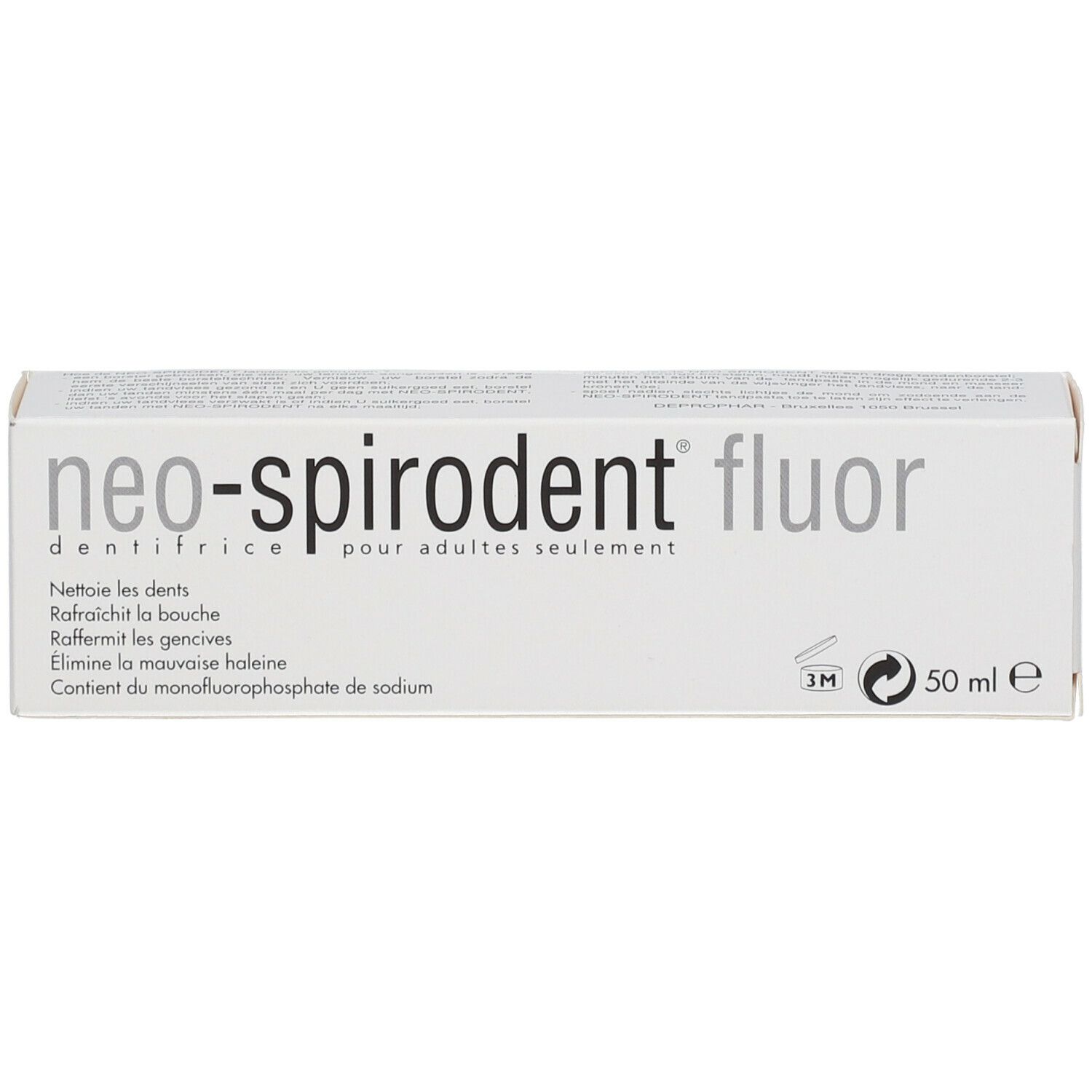 Boîte blanche avec "neo-spirodent fluor" et "dentifrice pour adultes seulement".