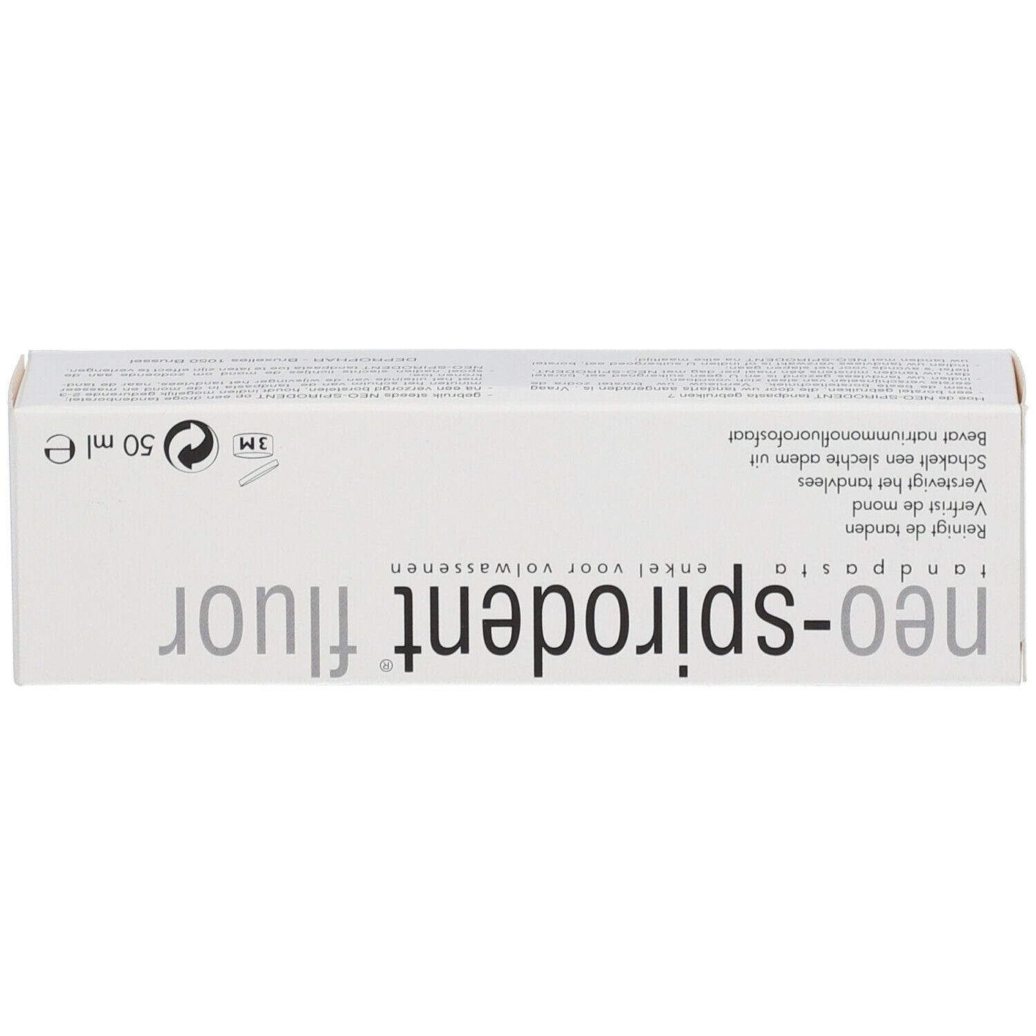 Boîte avec "neo-spirodent fluor" et texte en néerlandais. Contient 50 ml.