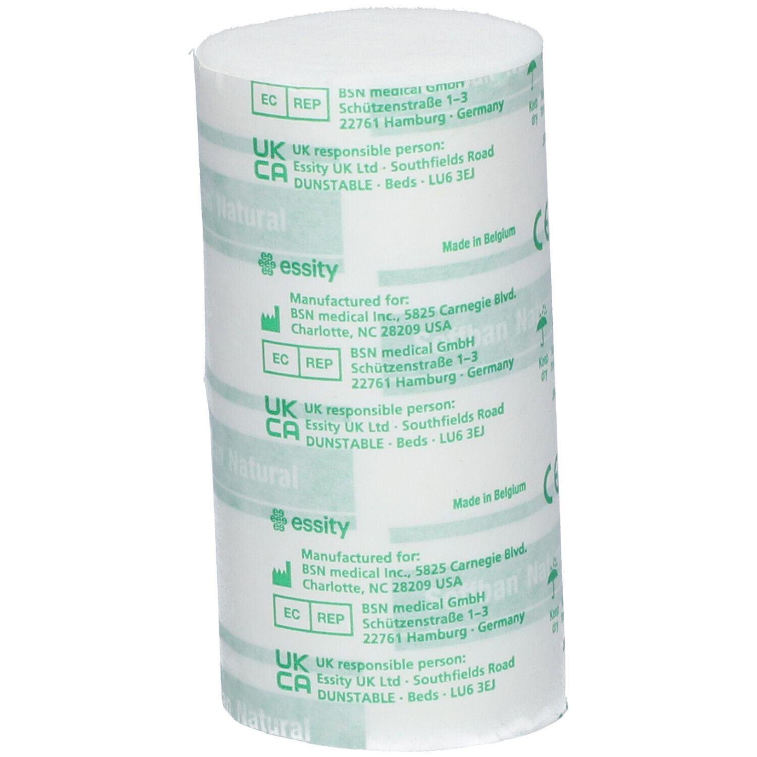 Rouleau cylindrique de rembourrage blanc. Étiquettes vertes avec texte. Dispositif médical. Marquage CE.