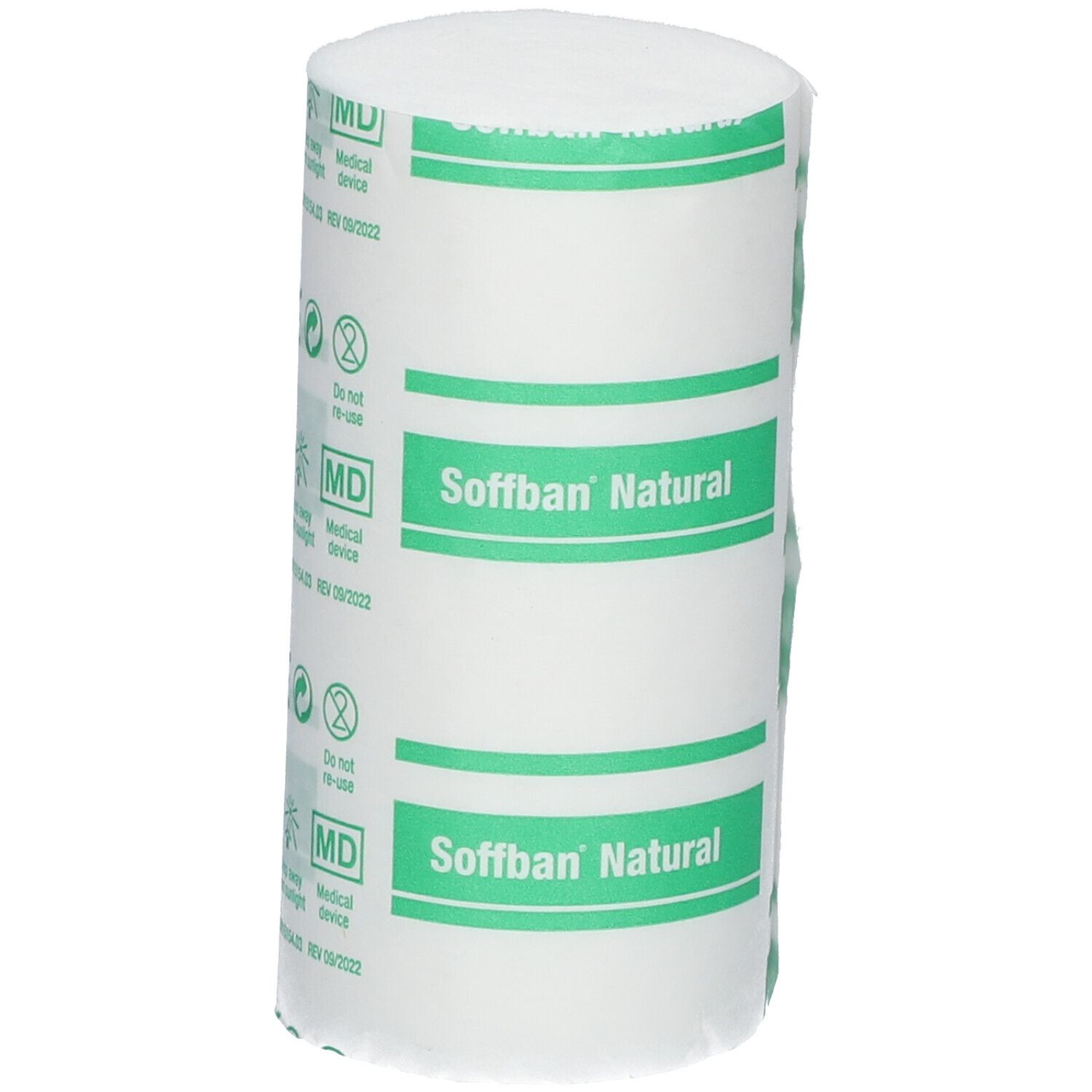Rouleau cylindrique de rembourrage blanc avec étiquettes vertes "Soffban Natural". Dispositif médical.