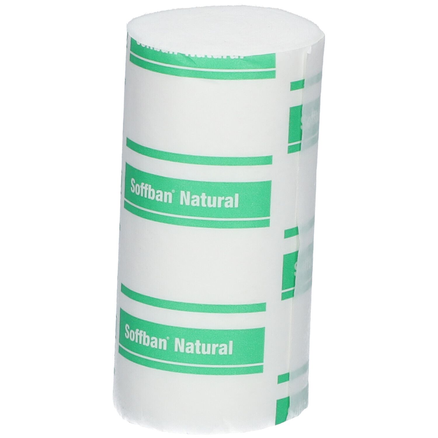 Rouleau cylindrique de rembourrage blanc avec étiquettes vertes "Soffban Natural".