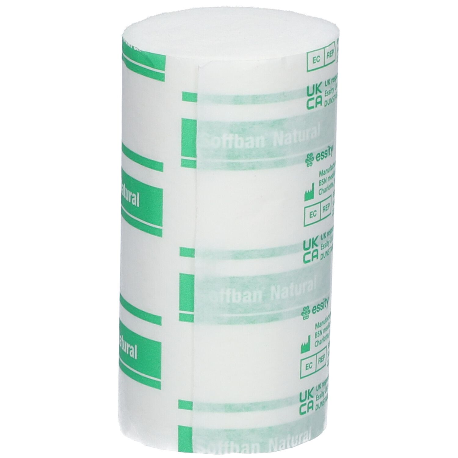 Rouleau cylindrique de rembourrage blanc. Étiquettes vertes avec texte. Dispositif médical.