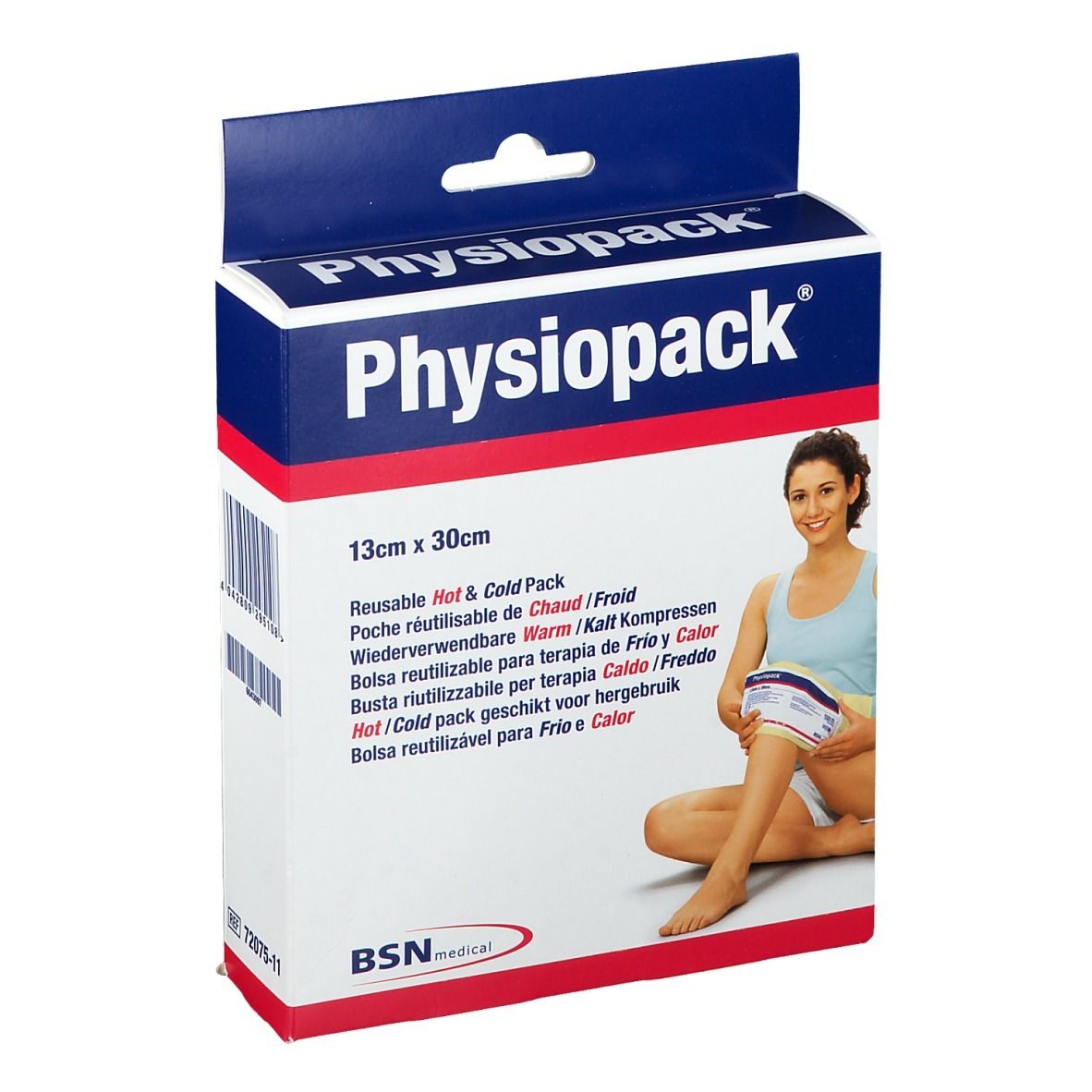 Verpakking Physiopack 13 x 30 cm. Afbeelding van een vrouw die het product op haar been gebruikt. Tekst: Hot & Cold Pack. Merk BSN medical.
