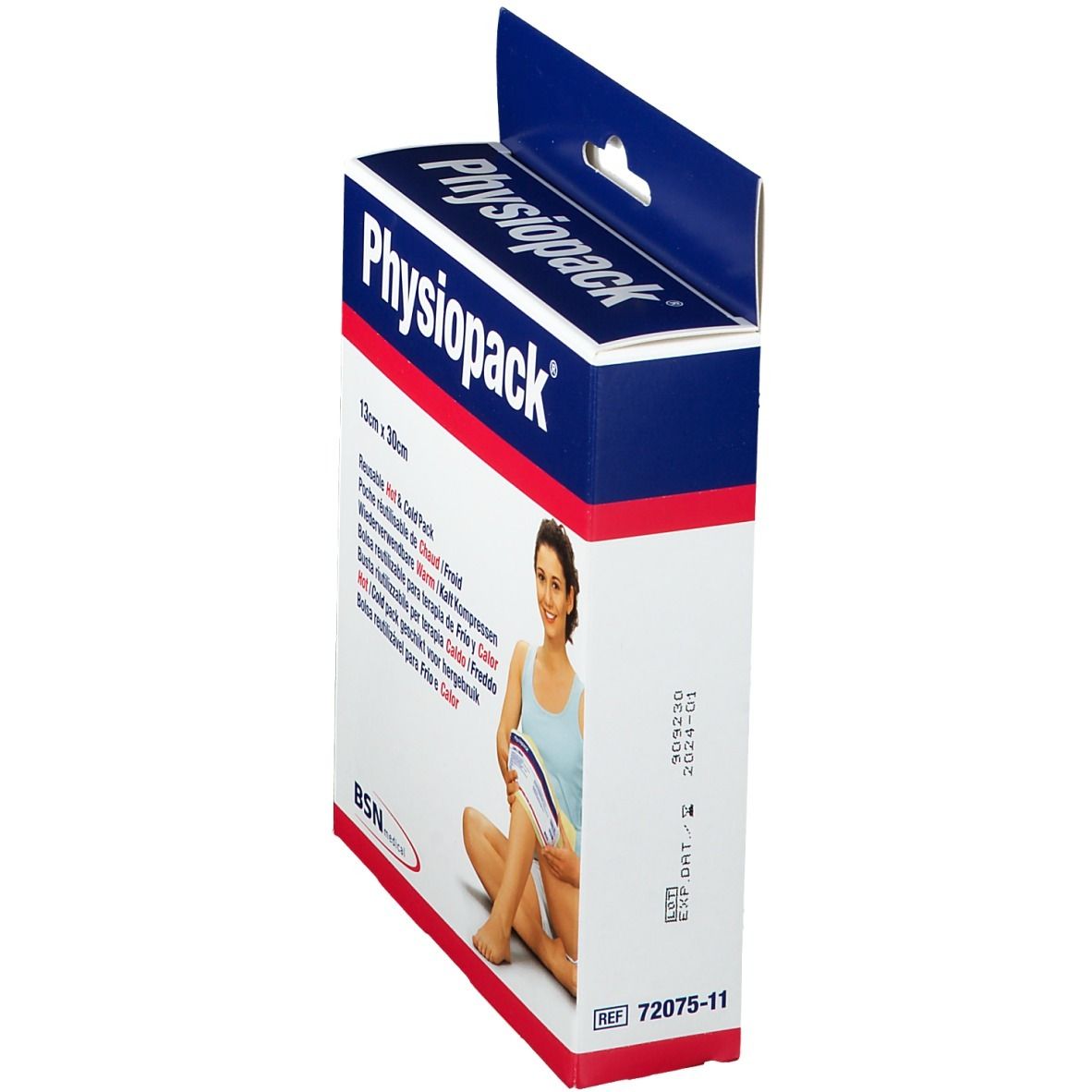 Zijaanzicht van de verpakking Physiopack 13 x 30 cm. Productnaam en vrouw die het product gebruikt. Merk BSN medical.