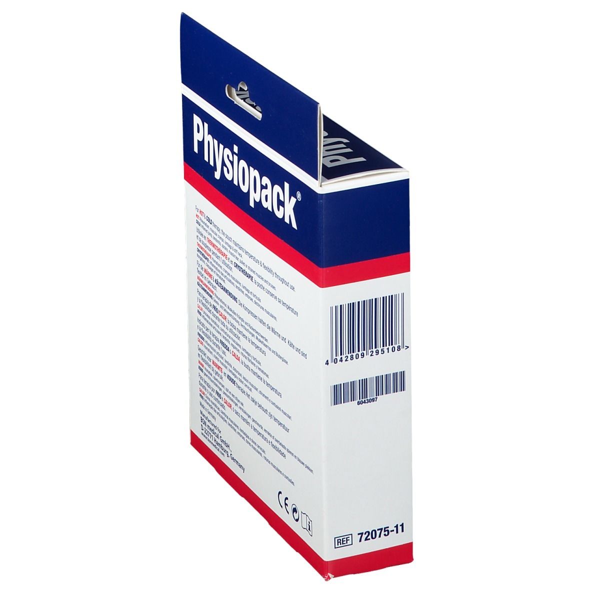 Zijaanzicht van de verpakking Physiopack. Productinformatie, barcode en CE-markering. REF 72075-11.