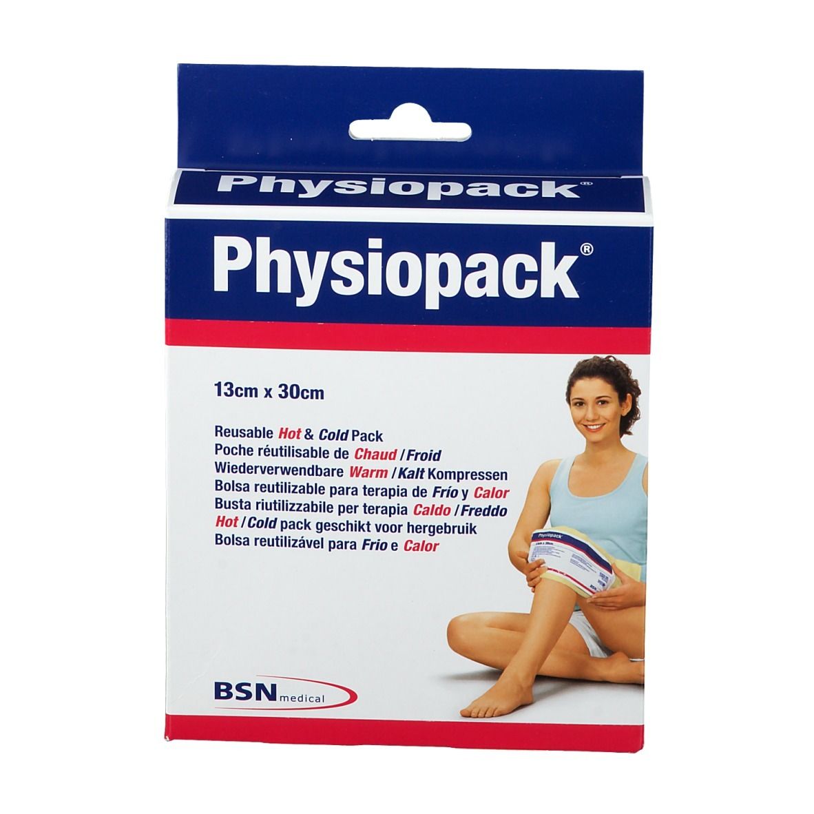Verpakking Physiopack 13 x 30 cm. Afbeelding van een vrouw die het product op haar been gebruikt. Tekst: Hot & Cold Pack. Merk BSN medical.