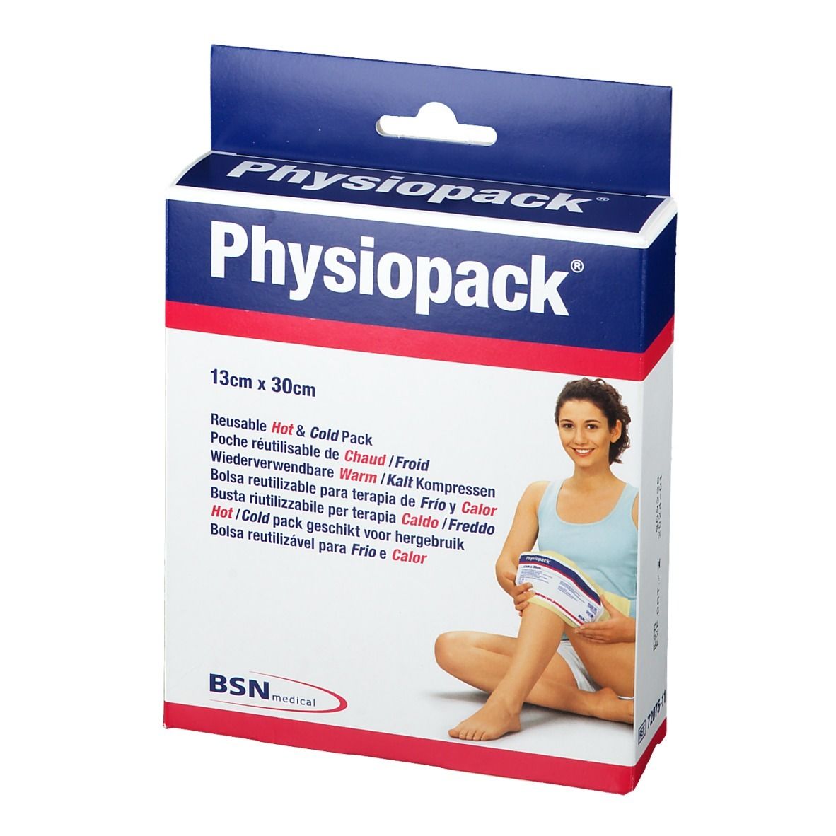 Verpakking Physiopack 13 x 30 cm. Afbeelding van een vrouw die het product op haar been gebruikt. Tekst: Hot & Cold Pack. Merk BSN medical.