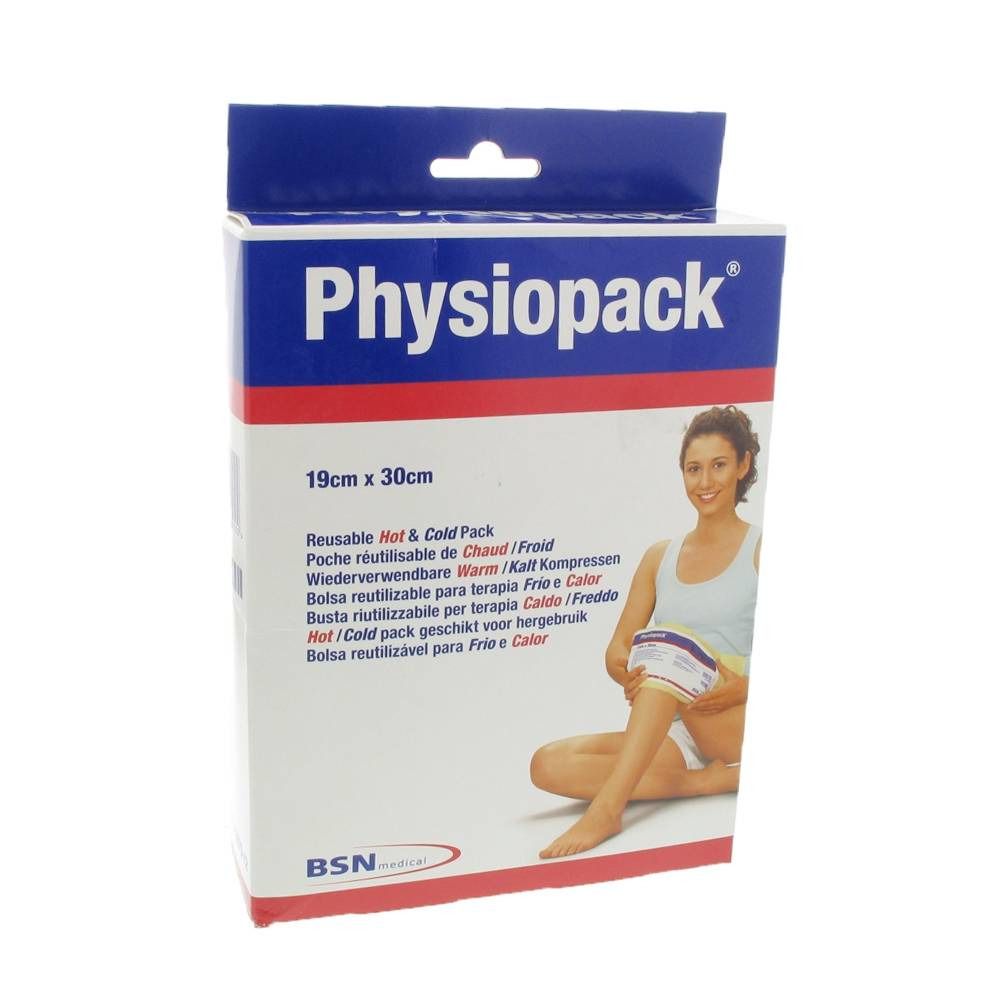 Emballage Physiopack 19 x 30 cm. Réutilisable chaud et froid. Illustration d'une femme utilisant le produit sur sa jambe.