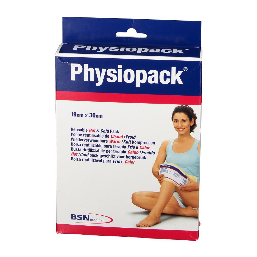 Emballage Physiopack 19 x 30 cm. Réutilisable chaud et froid. Illustration d'une femme utilisant le produit sur sa jambe.