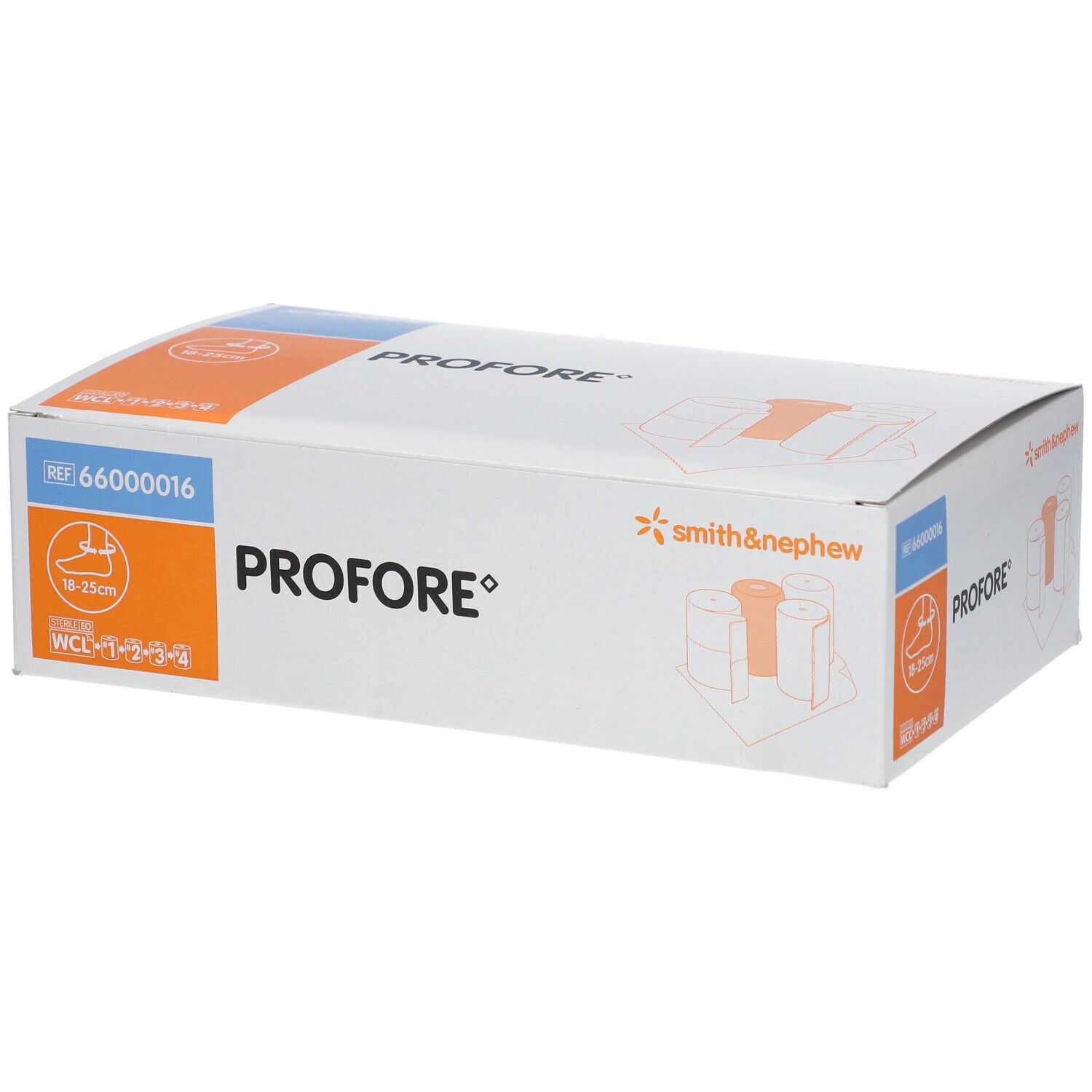 Emballage du kit Profore. Blanc, avec des accents bleus et orange. Comprend le logo Smith & Nephew et des informations sur le produit.